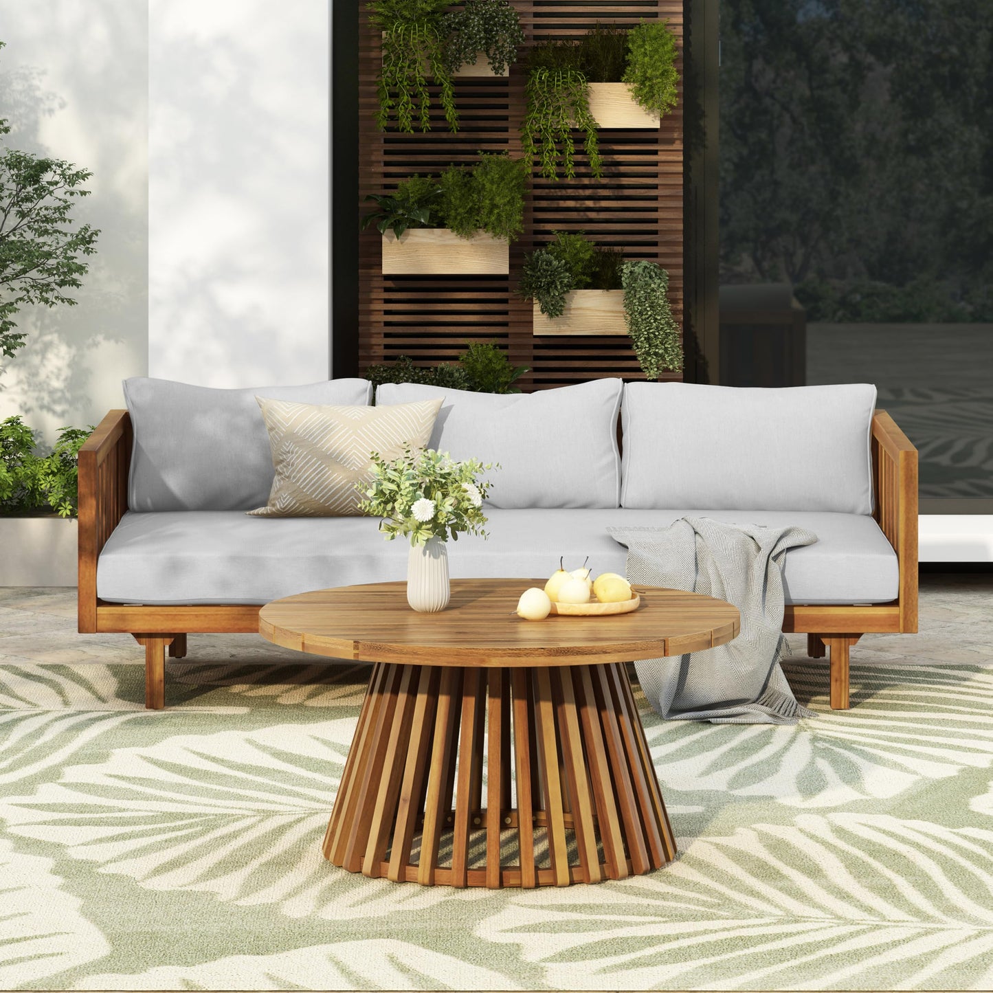 Outdoor Acacia Wood Conversation Set, 3-Seat Loveseat Sofa w/Cushion and Round Coffee Table for Backyard, Patio Furniture, Teak+Beige