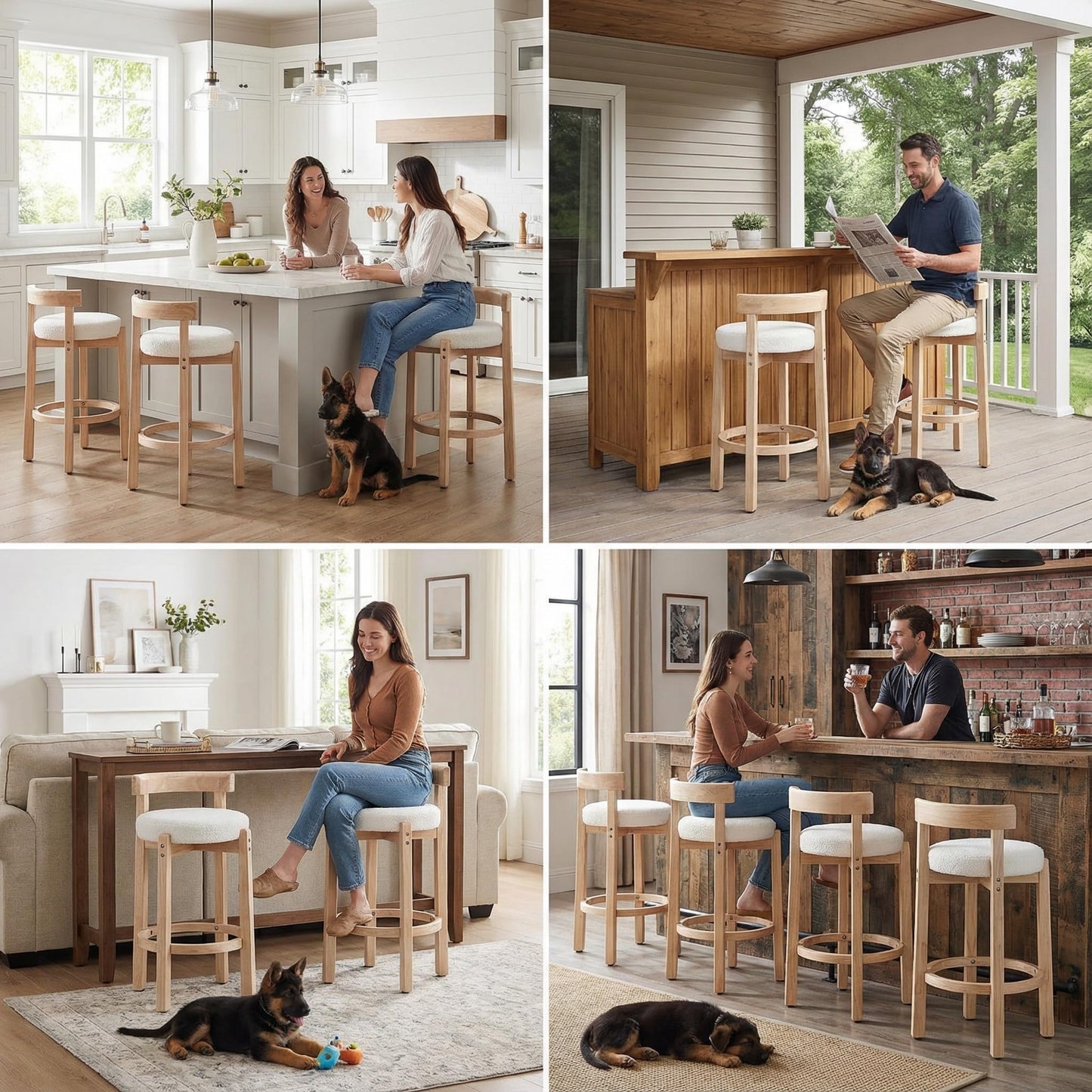 LukeAlon Mid Century Linen Counter Stools Set of 3, Upholstered 26.5" Seat Height Low Barstools with Natural Wood Legs Round Low Back Kitchen Stools with Footrest for Dining Room, Beige
