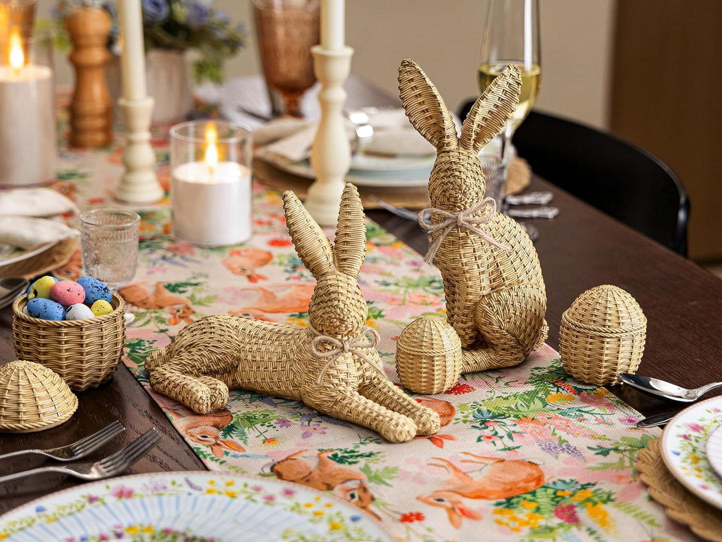 Easter Decorations for Home – 5 Pieces Rattan Effect Bunny & Egg Set, Easter Bunny Figurines with Rattan Decor Style for Easter Table Decor & Spring Home Decorations