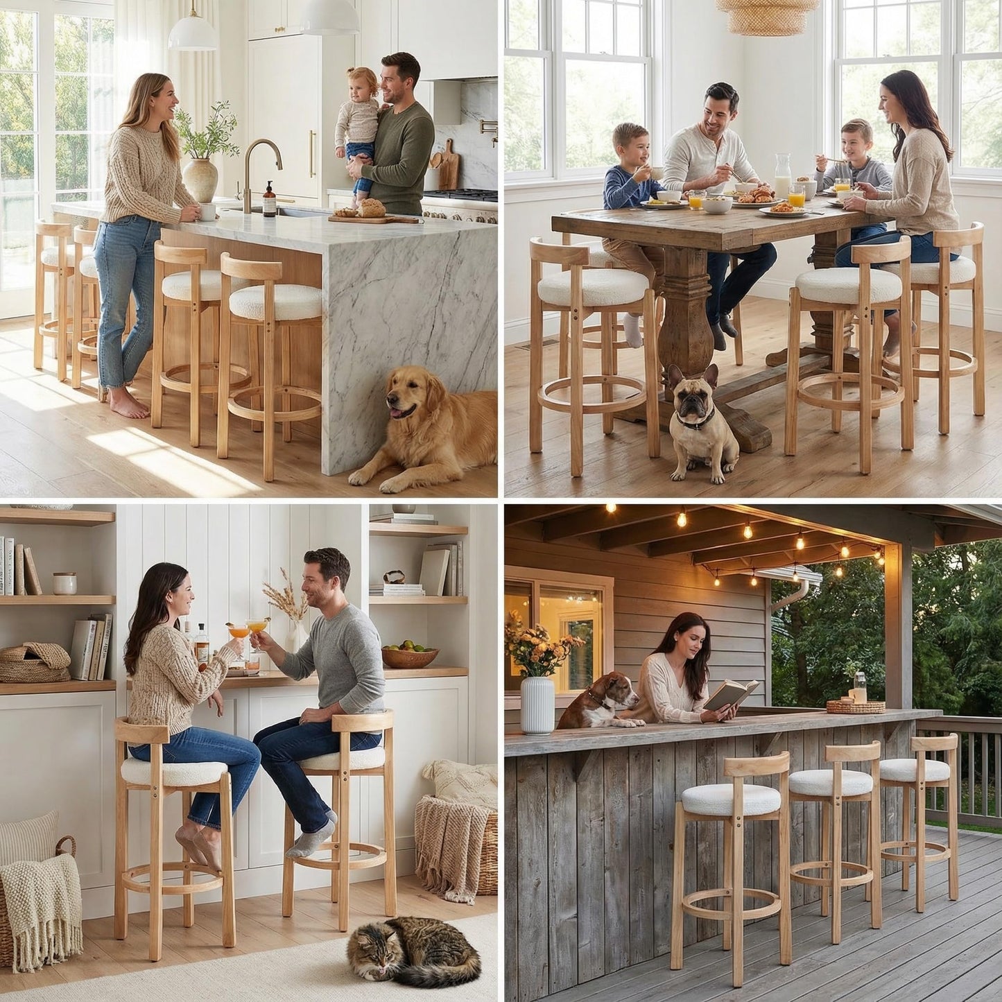 LukeAlon Mid Century Linen Counter Stools Set of 3, Upholstered 26.5" Seat Height Low Barstools with Natural Wood Legs Round Low Back Kitchen Stools with Footrest for Dining Room, Beige