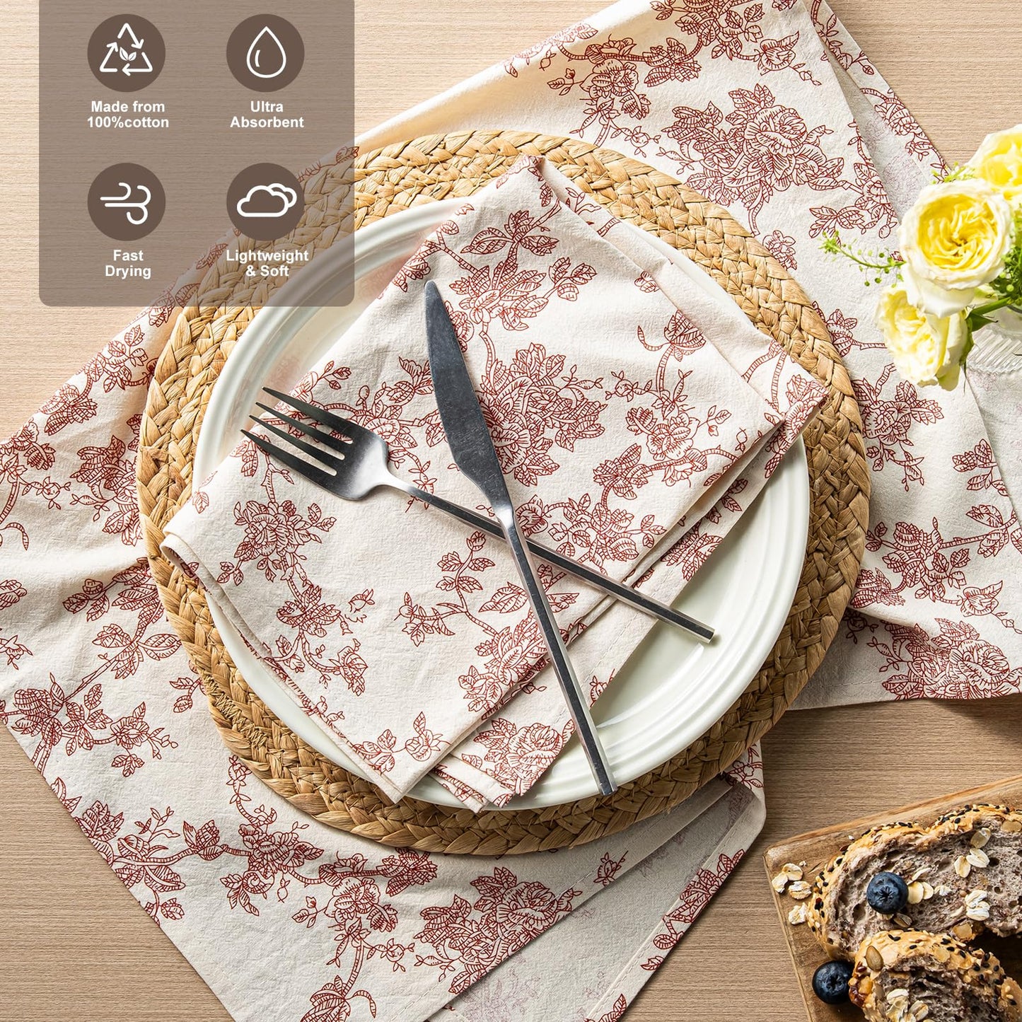 100% Cotton French Pastoral Kitchen Towels Set of 2, Decorative Flour Sack Tea Towels with Hanging Loop 18x25 Inch Absorbent Dish Cloths Farmhouse Home Decor, Brown