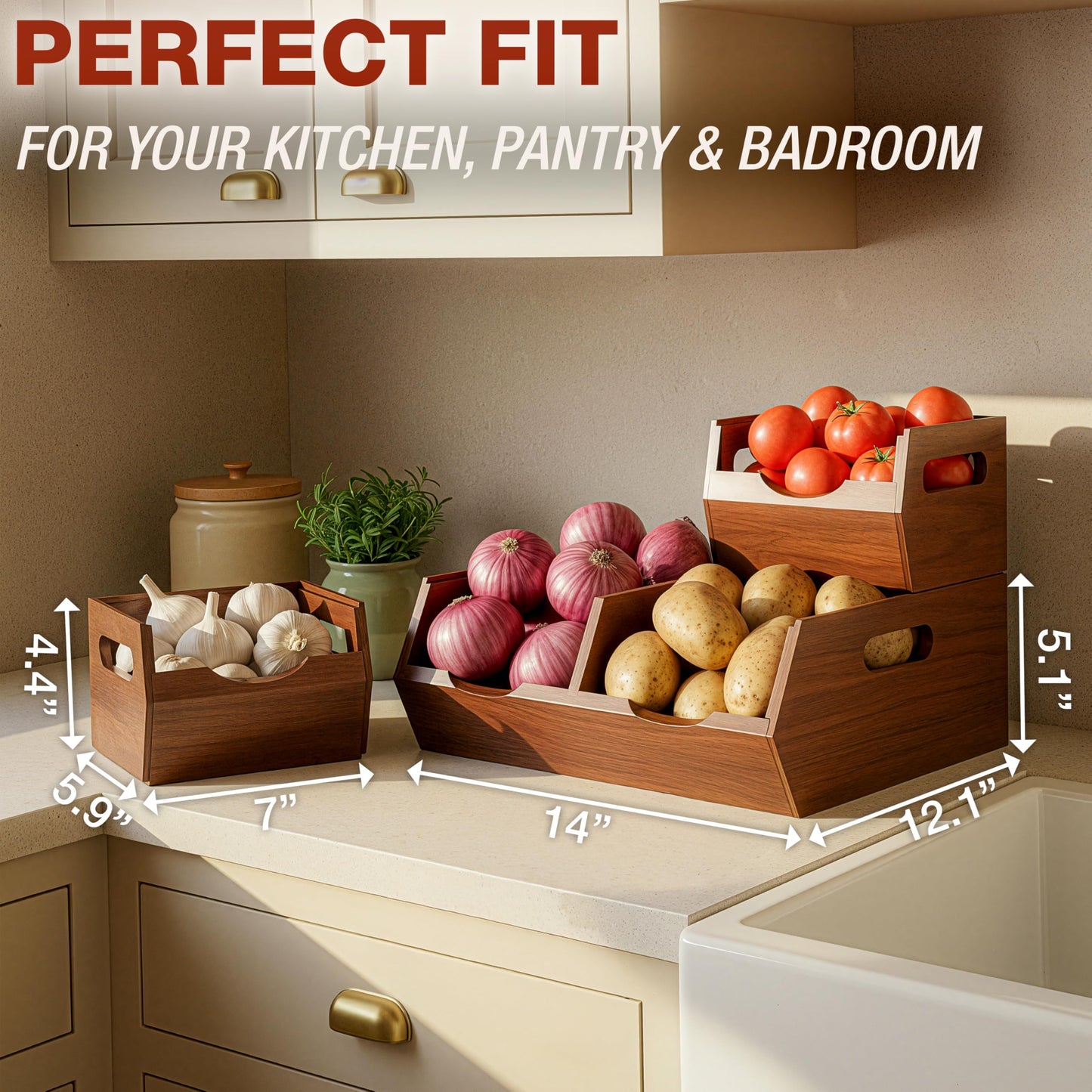HOMESTEAD Stackable Solid Wood Storage Bins for Kitchen Pantry & Countertop, Ventilated Potato and Onion Basket Organizer with Handles, Wooden Produce Storage Containers, 3-Pack, Chestnut Finish