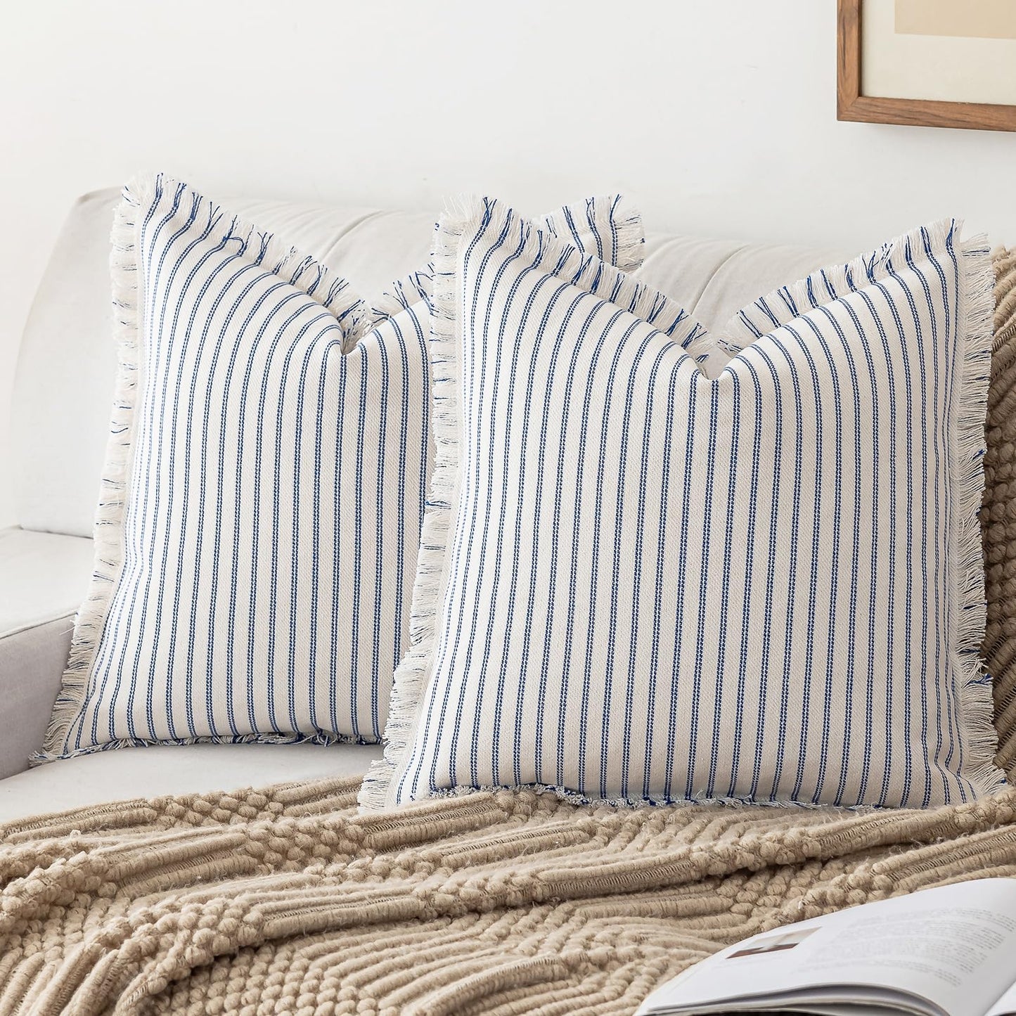 Throw Pillow Covers 18x18 Set of 2 Striped Fringe