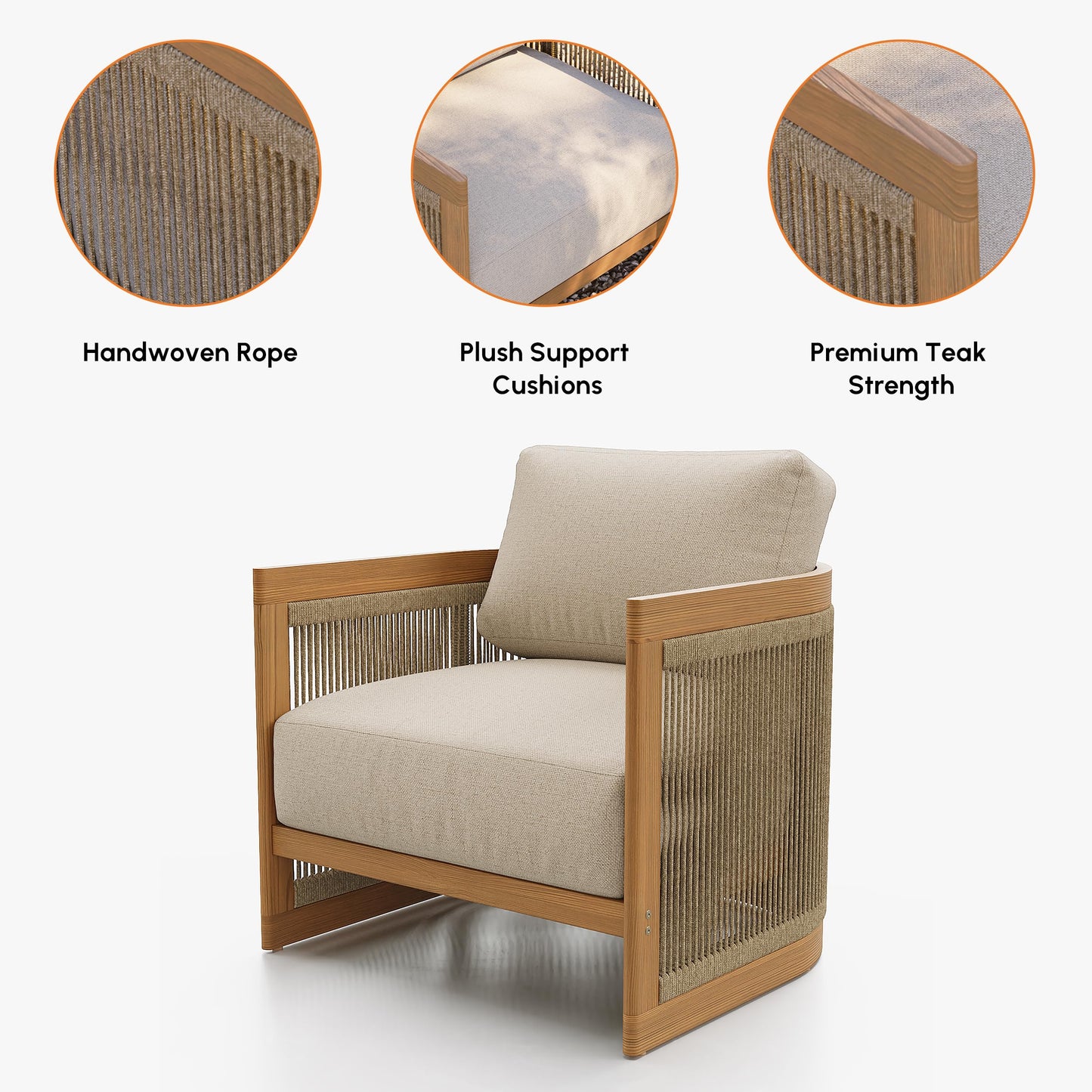 homary Teak Outdoor Chair, Rope Woven Patio Lounge Chair with All-Weather Cushions, Deep Seat Ergonomic Armchair with Removable Washable Covers (2 Chair)