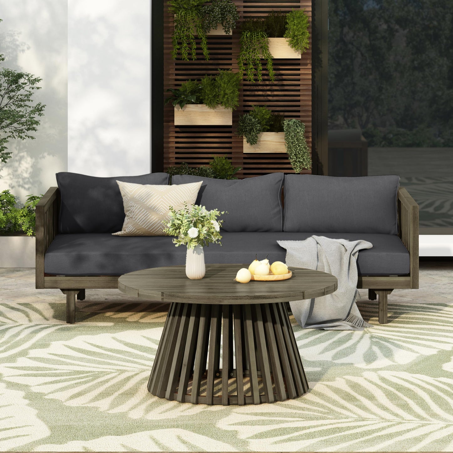 Outdoor Acacia Wood Conversation Set, 3-Seat Loveseat Sofa w/Cushion and Round Coffee Table for Backyard, Patio Furniture, Teak+Beige