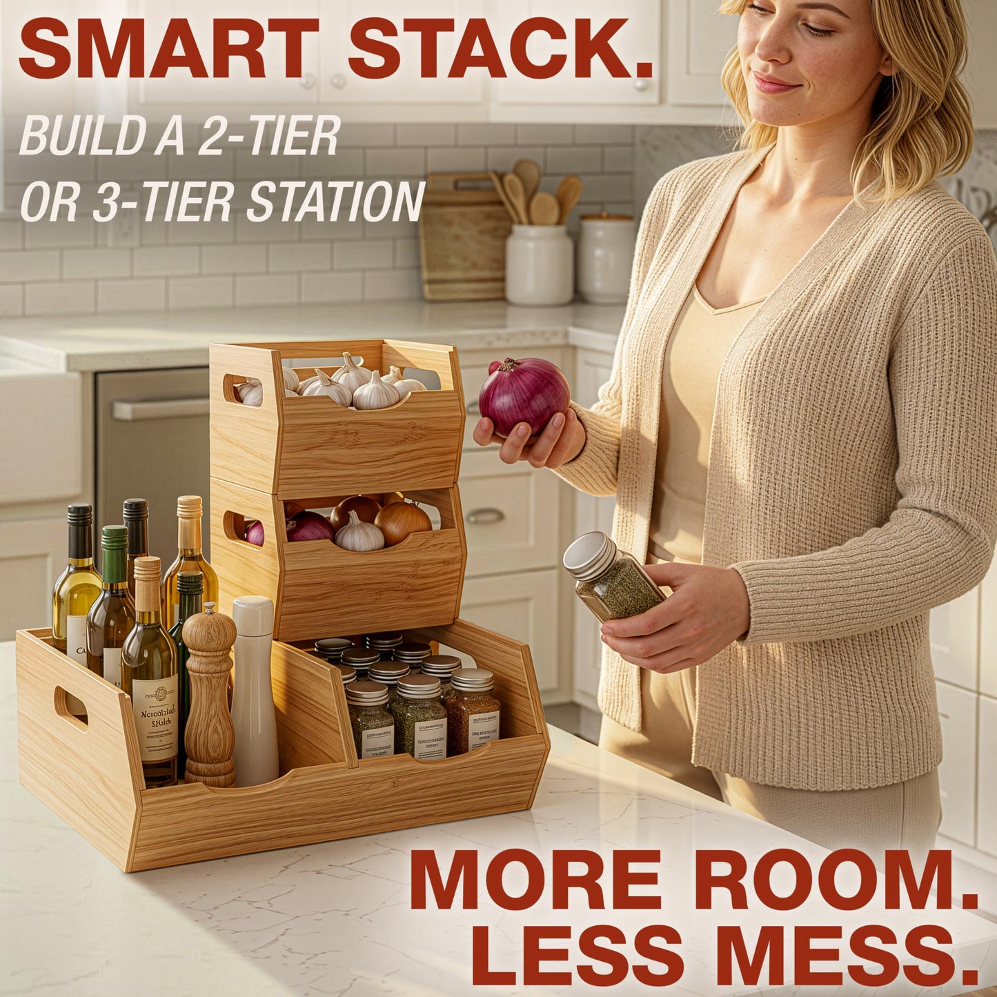 HOMESTEAD Stackable Solid Wood Storage Bins for Kitchen Pantry & Countertop, Ventilated Potato and Onion Basket Organizer with Handles, Wooden Produce Storage Containers, 3-Pack, Chestnut Finish