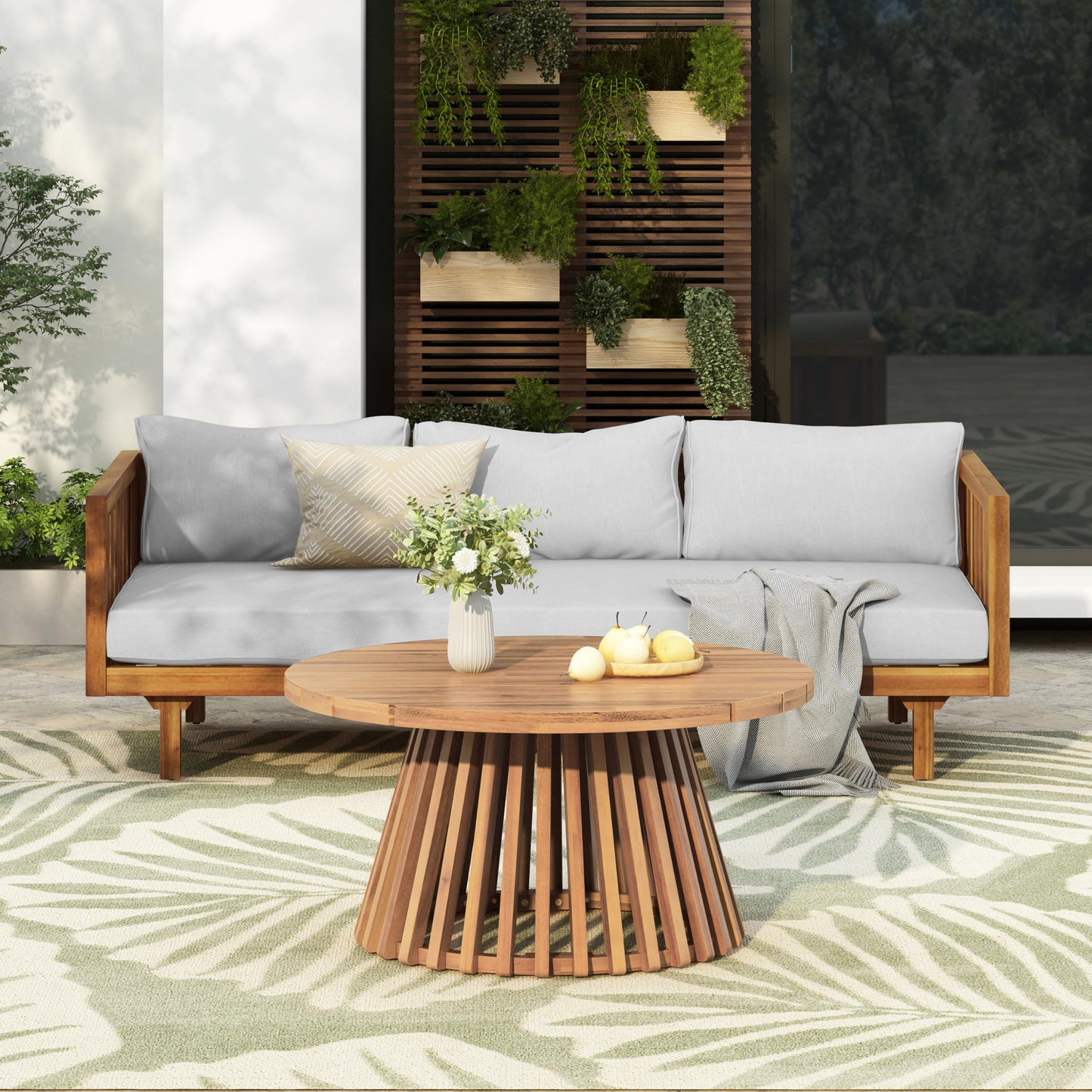Outdoor Acacia Wood Conversation Set, 3-Seat Loveseat Sofa w/Cushion and Round Coffee Table for Backyard, Patio Furniture, Teak+Beige
