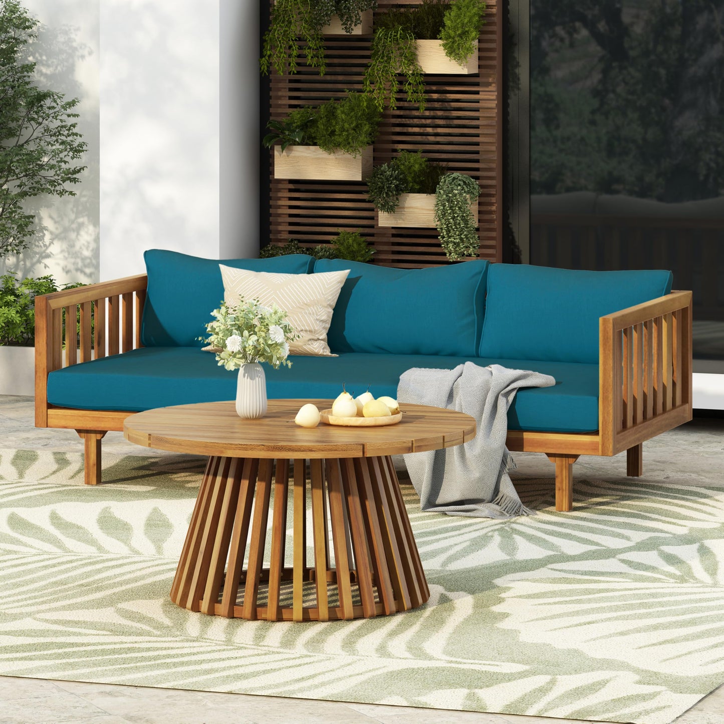 Outdoor Acacia Wood Conversation Set, 3-Seat Loveseat Sofa w/Cushion and Round Coffee Table for Backyard, Patio Furniture, Teak+Beige