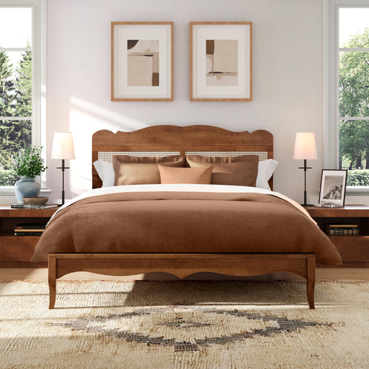 King Wood Bed Frame with Rattan Headboard