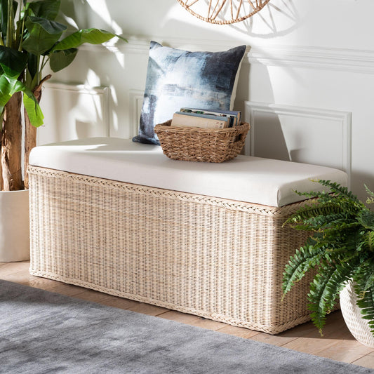 Braided Natural Rattan Storage Bench with Cushioned Lift-Top Lid