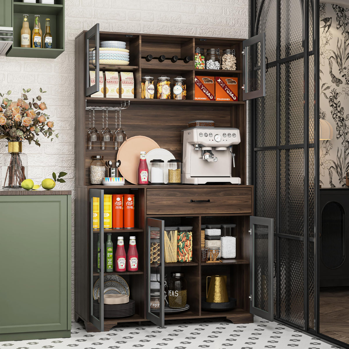 71" Cabinet with Wine Rack and Charging Station, Set of 2