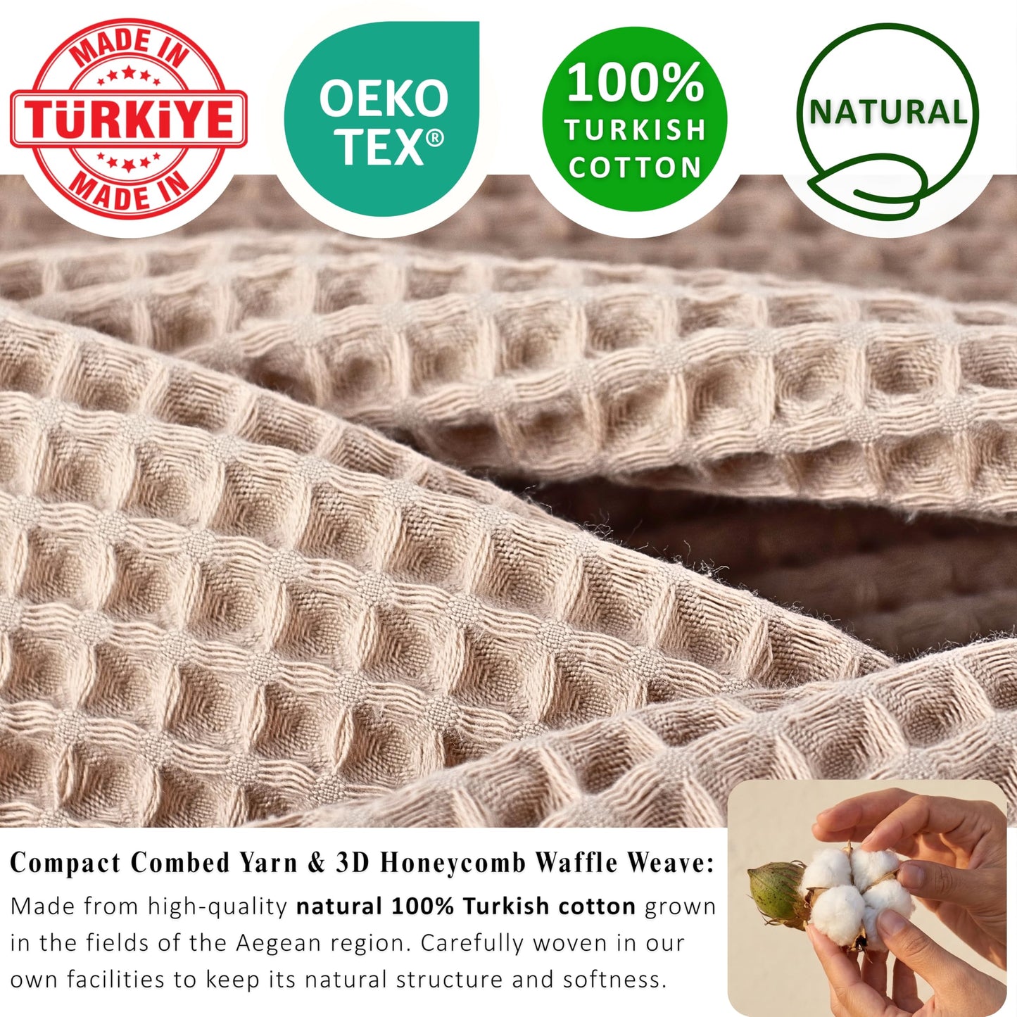 PÜSKÜL Organic Waffle Kitchen Towel Pure 100% Turkish Cotton Set of 3 Natural Raw-Undyed Towel - Premium Quality Soft Quick-Dry Absorbent Lint-Free Hand & Dish Towels Large 32X16 (3, Natural Beige)