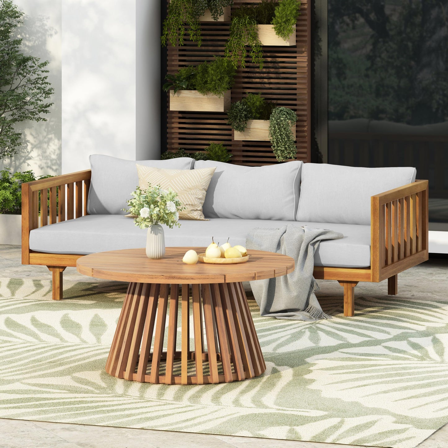 Outdoor Acacia Wood Conversation Set, 3-Seat Loveseat Sofa w/Cushion and Round Coffee Table for Backyard, Patio Furniture, Teak+Beige