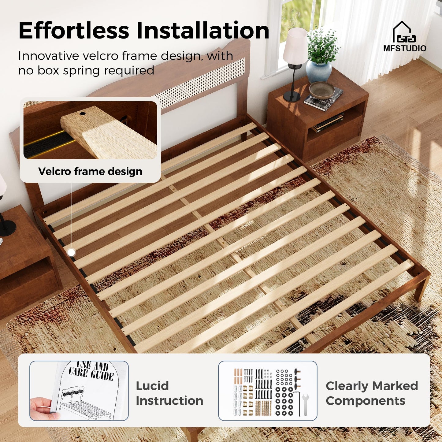 King Wood Bed Frame with Rattan Headboard