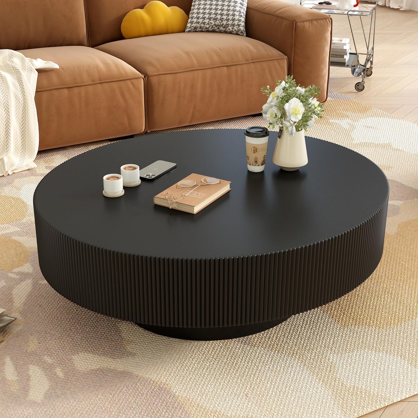 WILLIAMSPACE 43.31" Rectangle Coffee Table with Burl Wood Veneer & Sturdy Base, Modern Luxury Wood Drum Center Table End Table Accent Side Table for Living Room, Minimalist Fluted Design, Oak