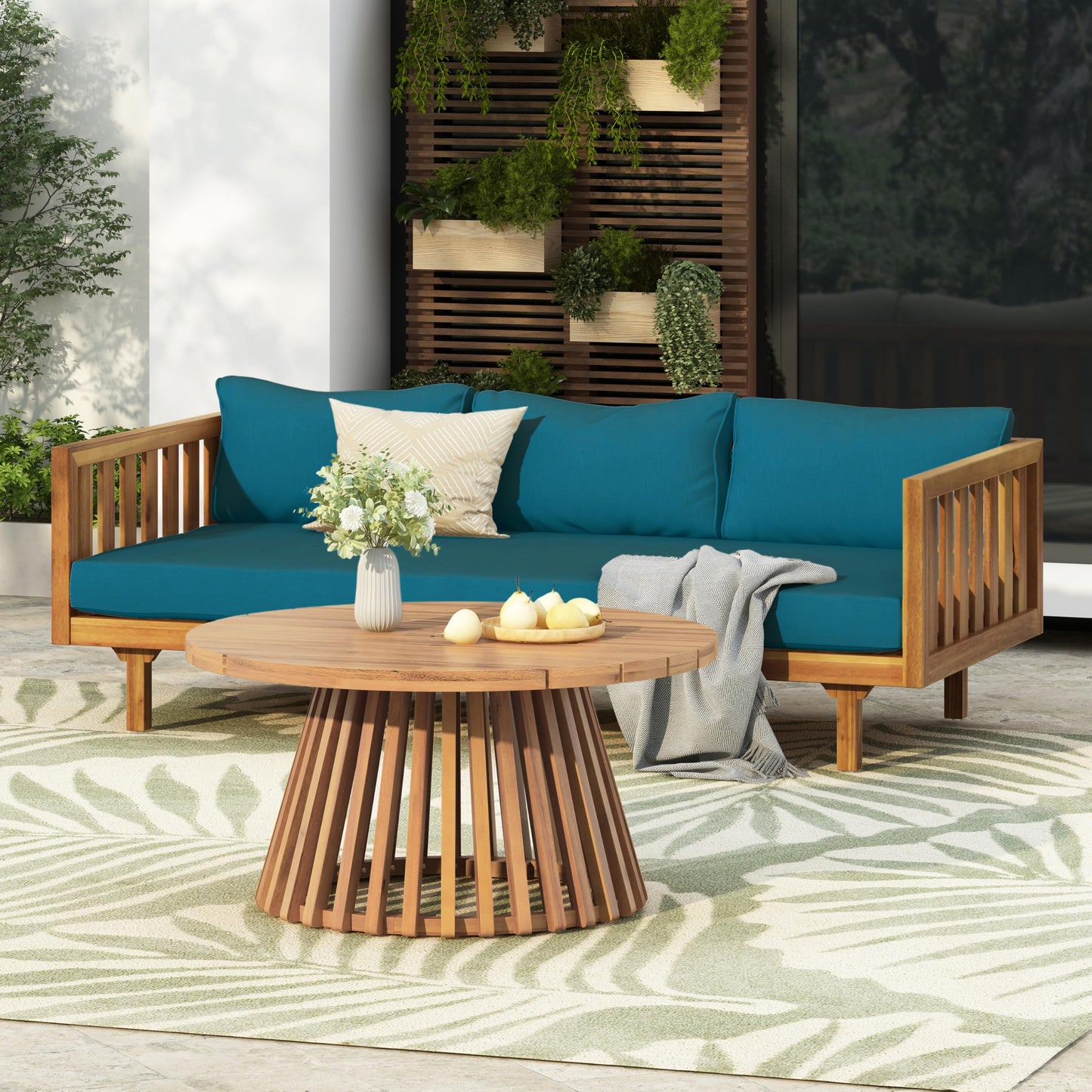 Outdoor Acacia Wood Conversation Set, 3-Seat Loveseat Sofa w/Cushion and Round Coffee Table for Backyard, Patio Furniture, Teak+Beige