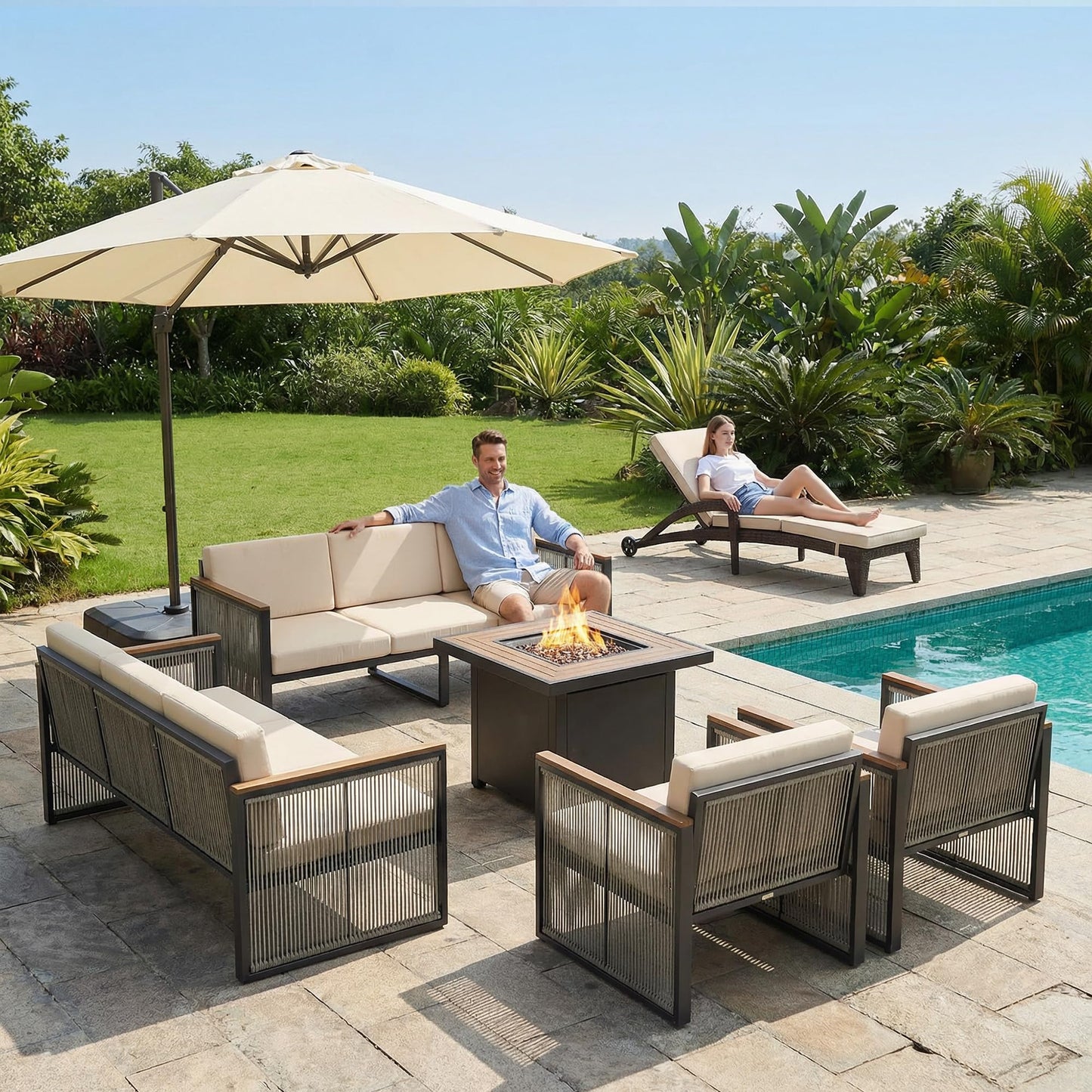 5 Piece Patio Conversation Set for 7, Modular Patio Sofa Couch with Cushions, Rattan Outdoor Patio Furniture Set with Loveseat/Coffee Table, Outdoor Sectional Furniture for Deck/Porch, Beige