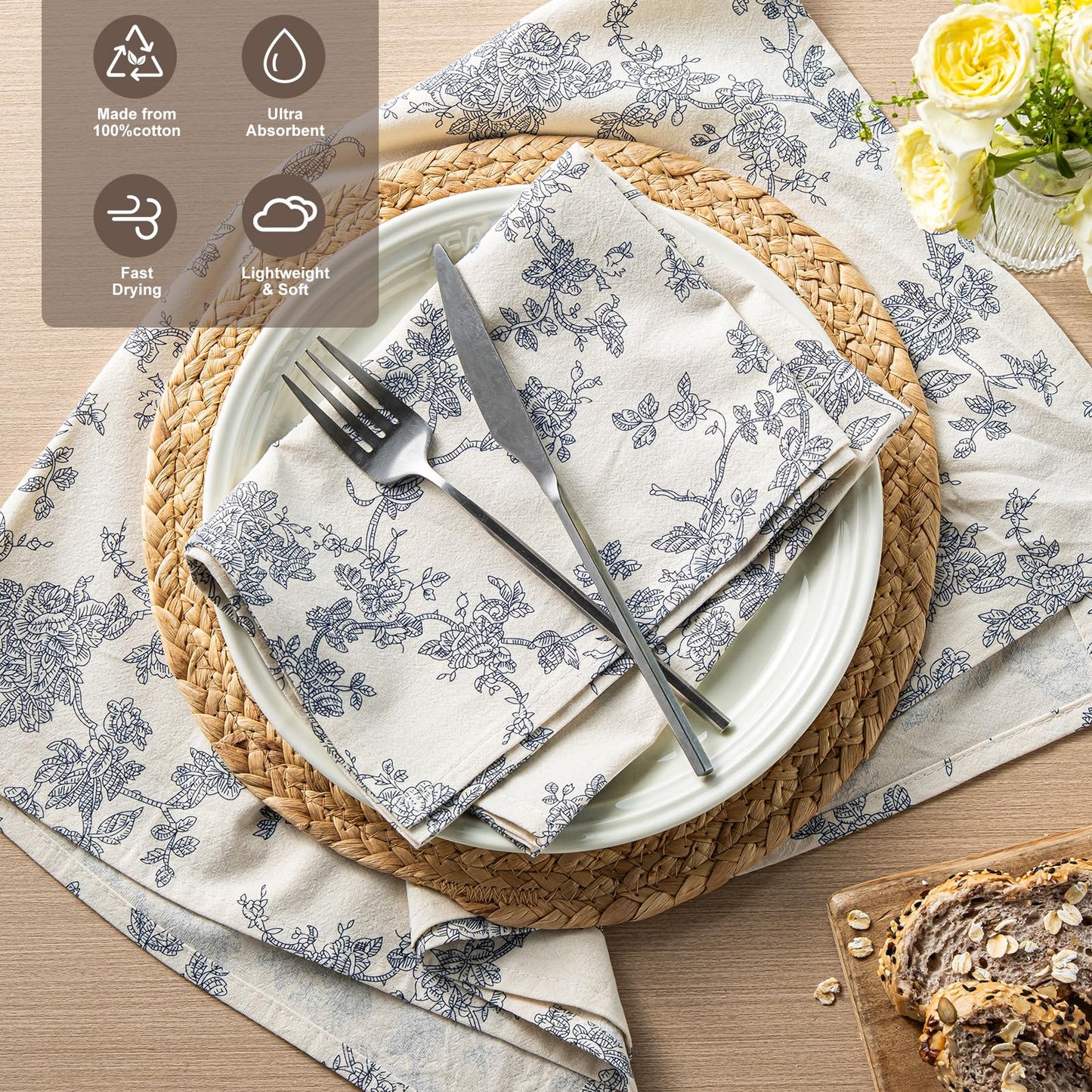 100% Cotton French Pastoral Kitchen Towels Set of 2, Decorative Flour Sack Tea Towels with Hanging Loop 18x25 Inch Absorbent Dish Cloths Farmhouse Home Decor, Brown