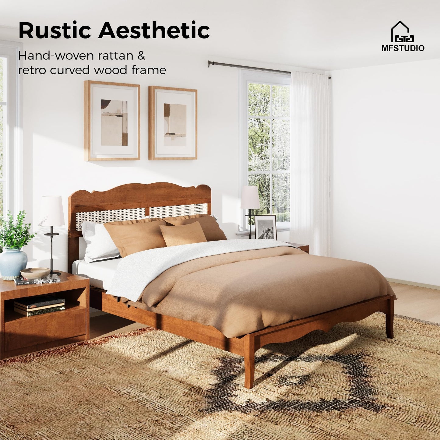 King Wood Bed Frame with Rattan Headboard