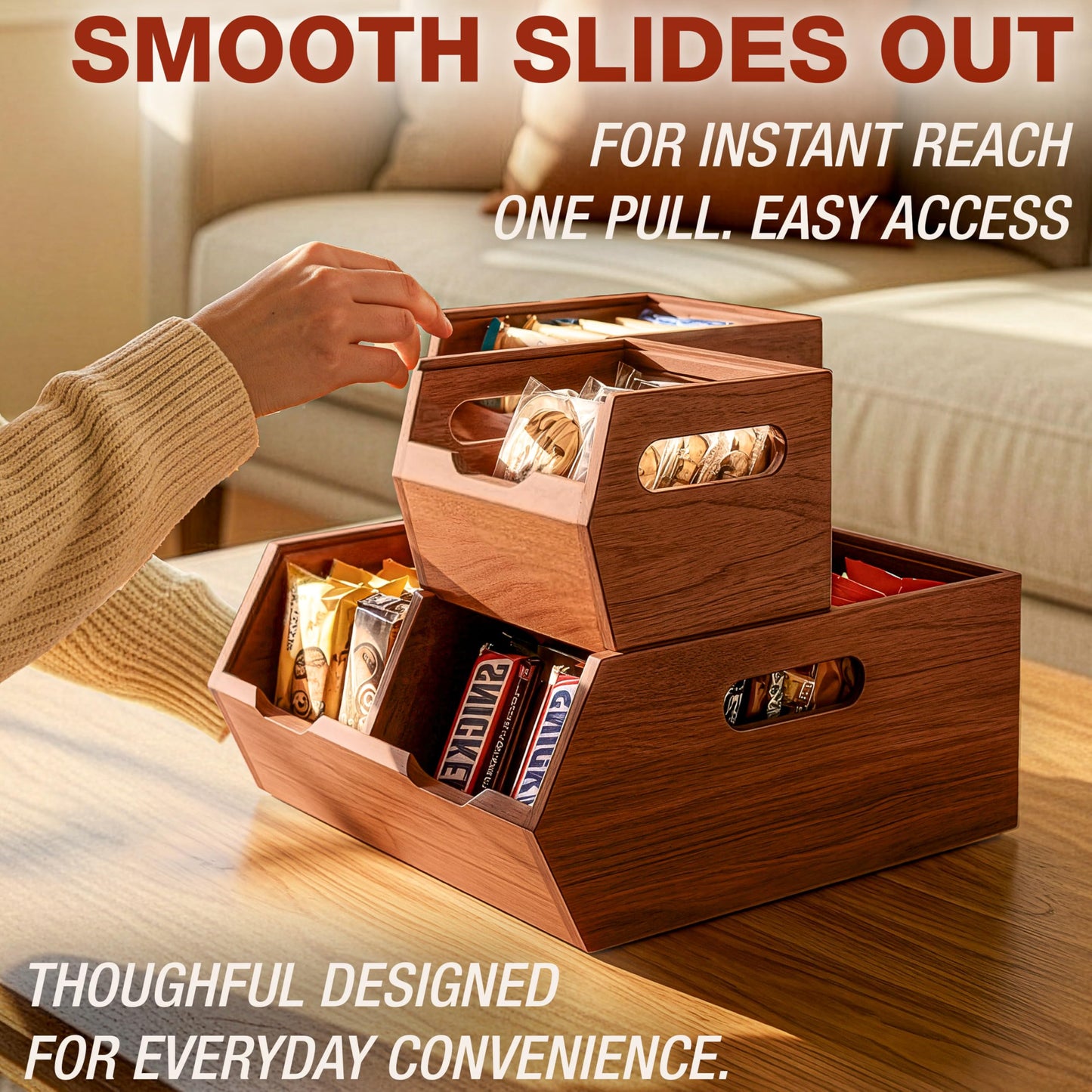 HOMESTEAD Stackable Solid Wood Storage Bins for Kitchen Pantry & Countertop, Ventilated Potato and Onion Basket Organizer with Handles, Wooden Produce Storage Containers, 3-Pack, Chestnut Finish