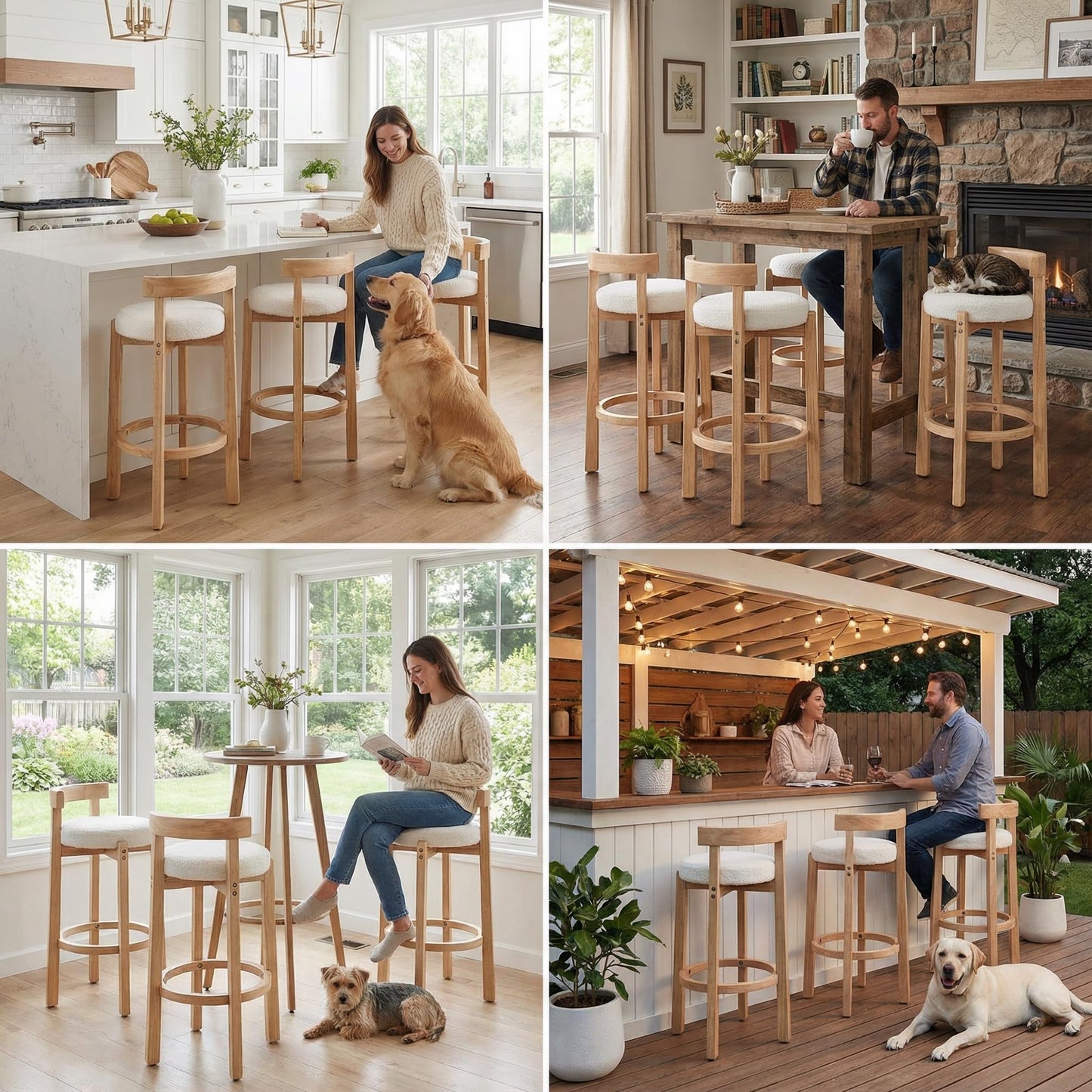 LukeAlon Mid Century Linen Counter Stools Set of 3, Upholstered 26.5" Seat Height Low Barstools with Natural Wood Legs Round Low Back Kitchen Stools with Footrest for Dining Room, Beige