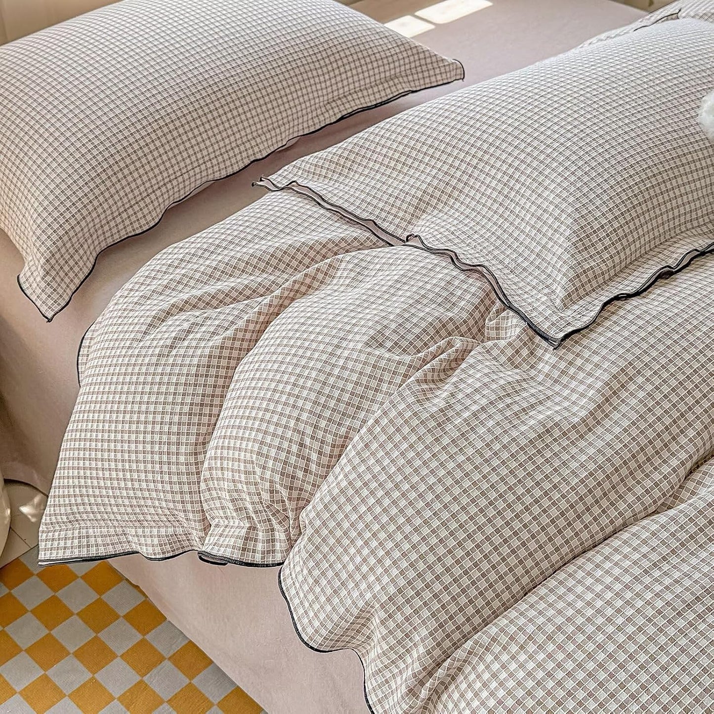 Duvet Cover Set - Brown Plaid Gingham Comforter Cover with Zipper Closure