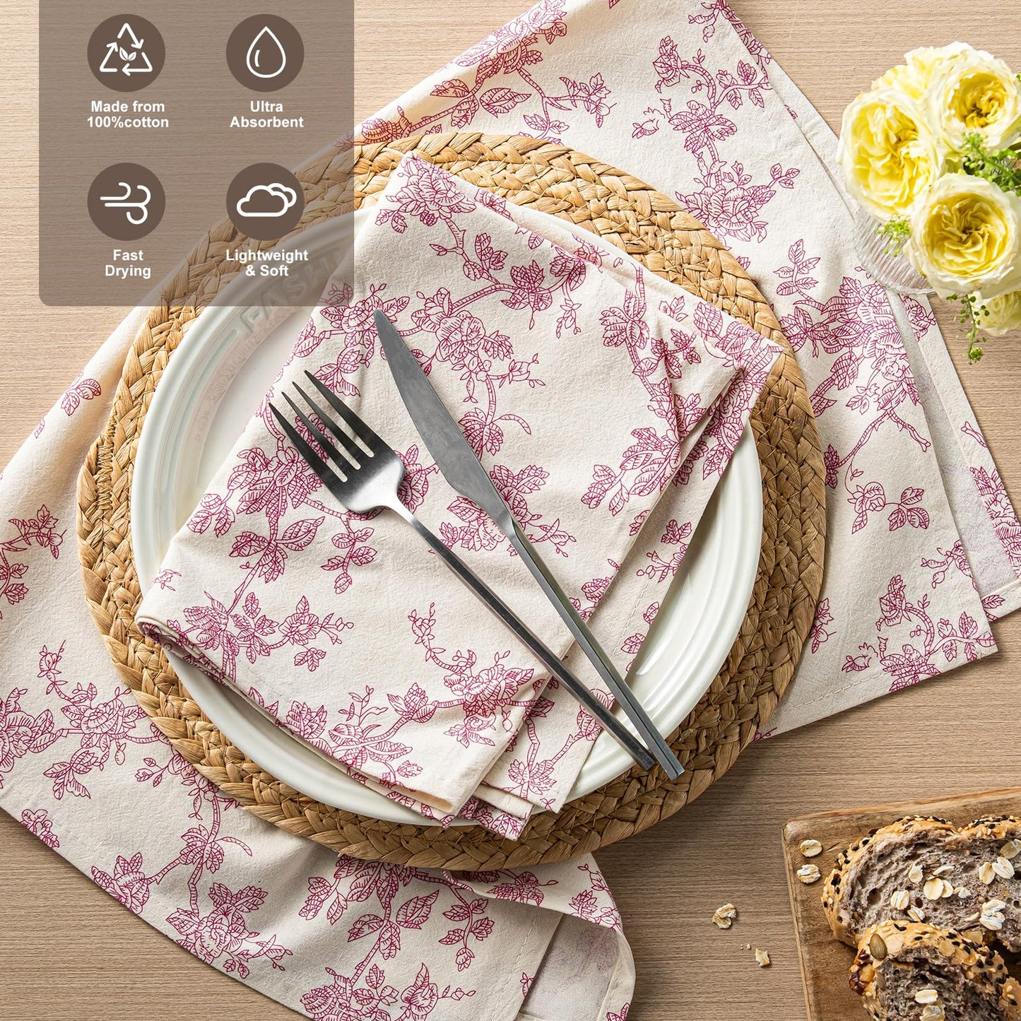 100% Cotton French Pastoral Kitchen Towels Set of 2, Decorative Flour Sack Tea Towels with Hanging Loop 18x25 Inch Absorbent Dish Cloths Farmhouse Home Decor, Brown