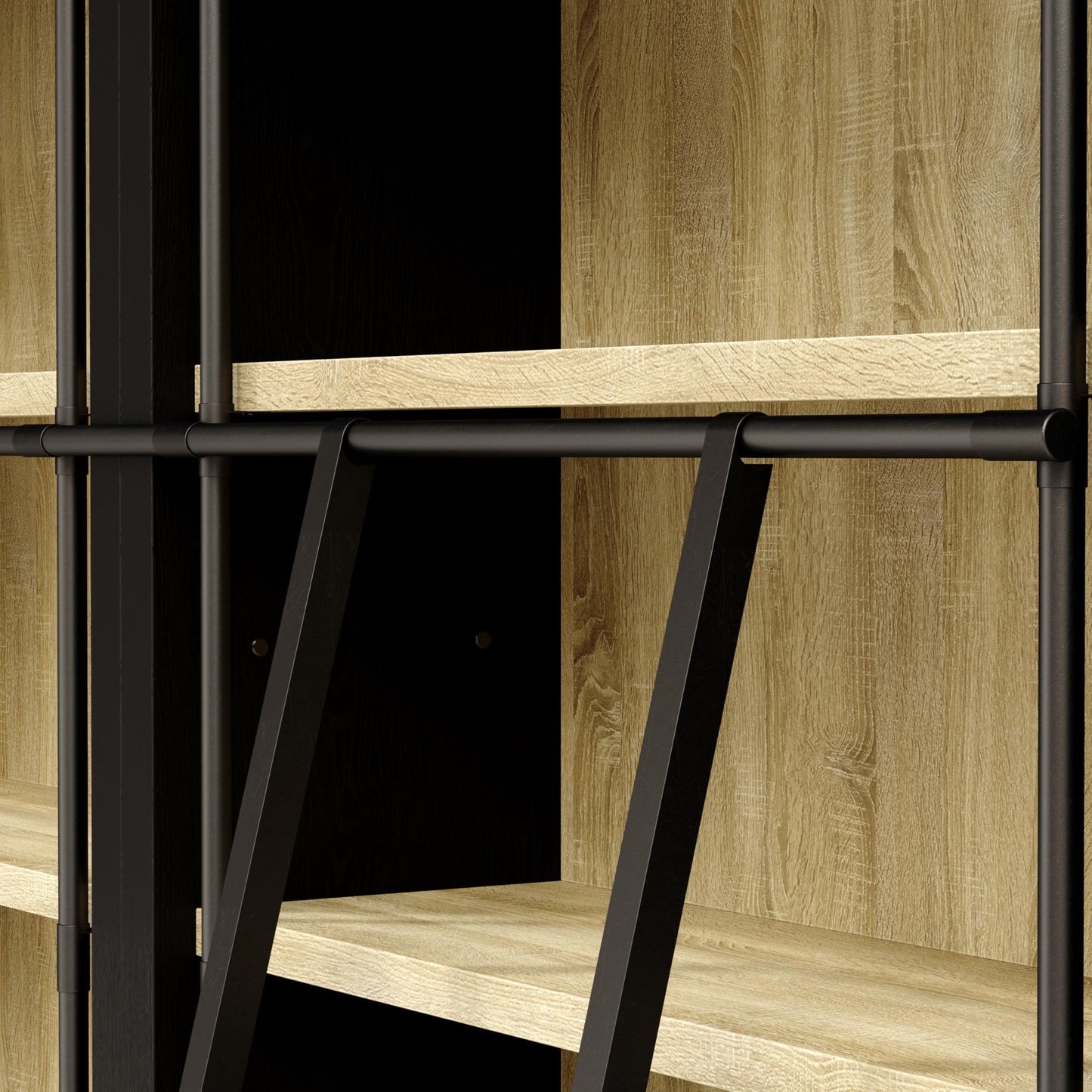 Bookcase Wall with Ladder Black & Wood Grain