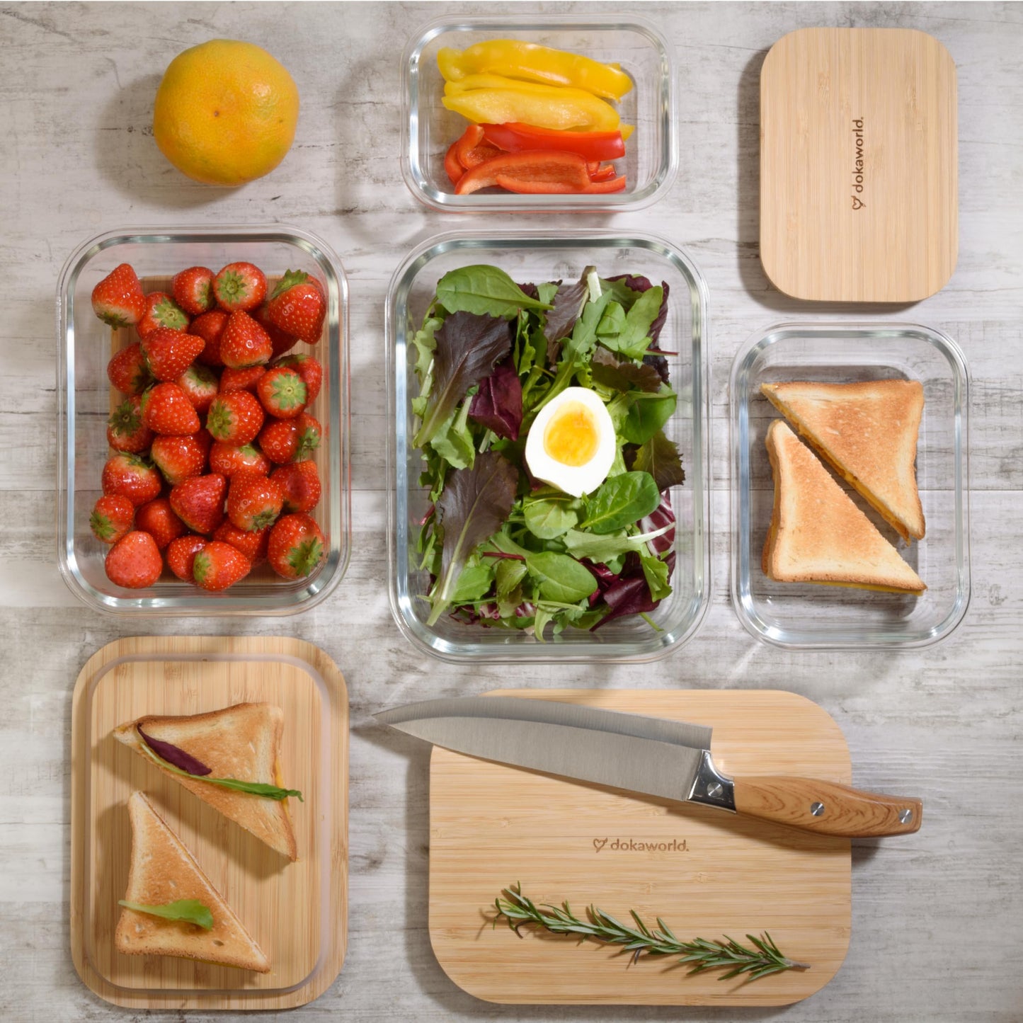 Glass Container Set with Acacia Lids - 4 Stackable Meal Prep Containers. Durable heat resistant Inert Borosilicate Glass