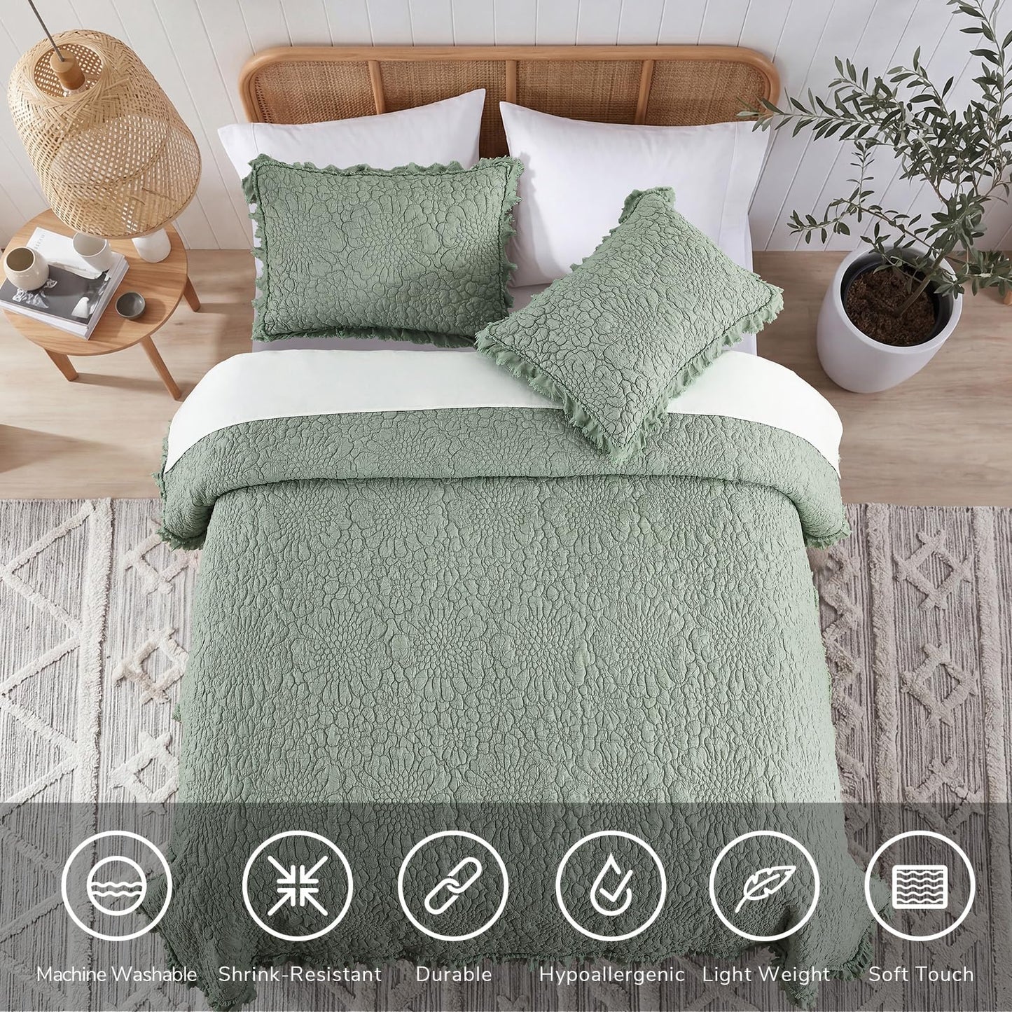 Ruffled Quilt Stone-Washed Lightweight Crinkled Shabby Chic Bedding Set
