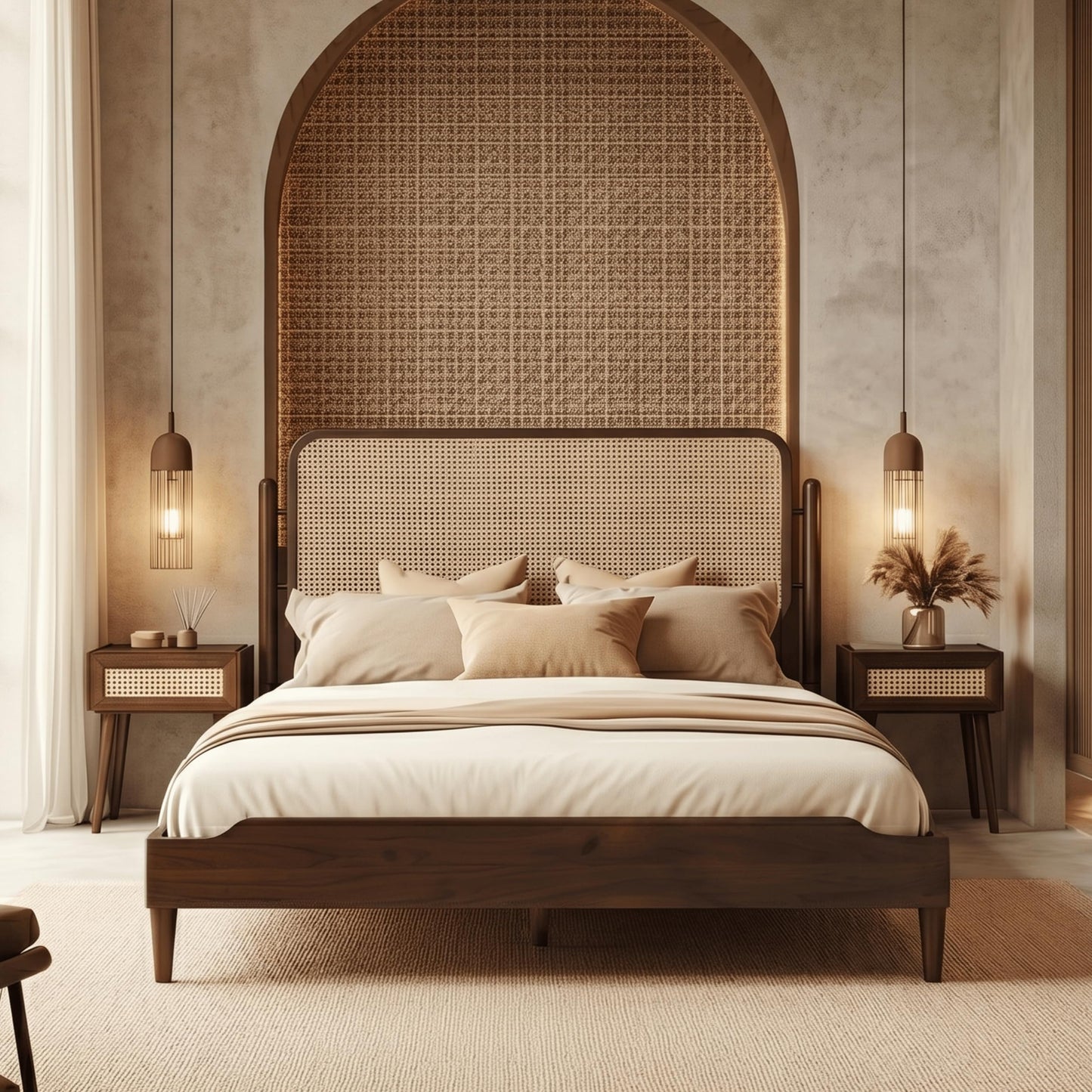 King Platform Bed with Natural Rattan Headboard