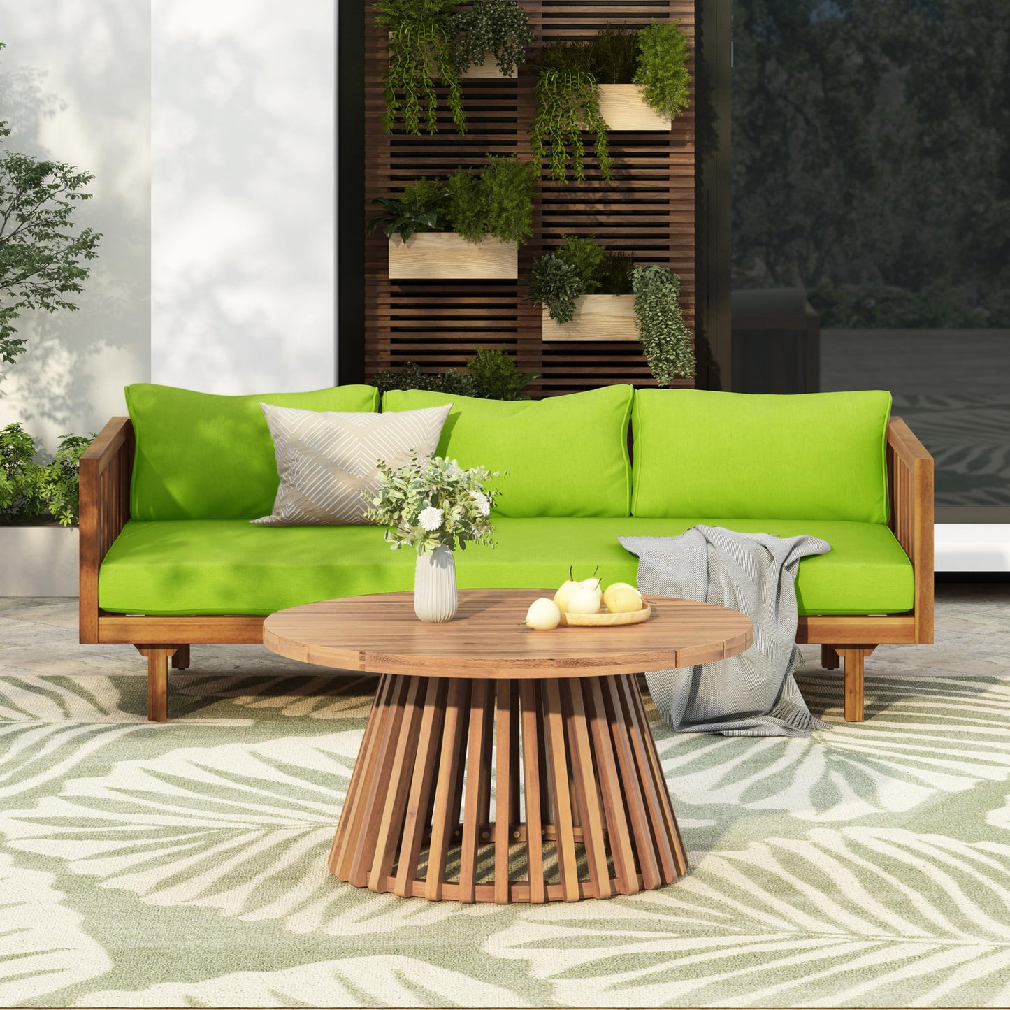 Outdoor Acacia Wood Conversation Set, 3-Seat Loveseat Sofa w/Cushion and Round Coffee Table for Backyard, Patio Furniture, Teak+Beige