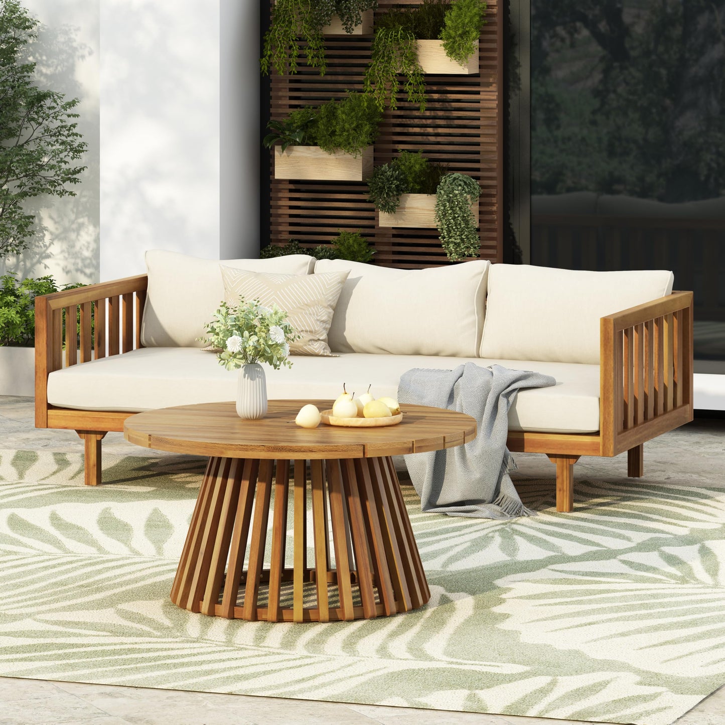 Outdoor Acacia Wood Conversation Set, 3-Seat Loveseat Sofa w/Cushion and Round Coffee Table for Backyard, Patio Furniture, Teak+Beige