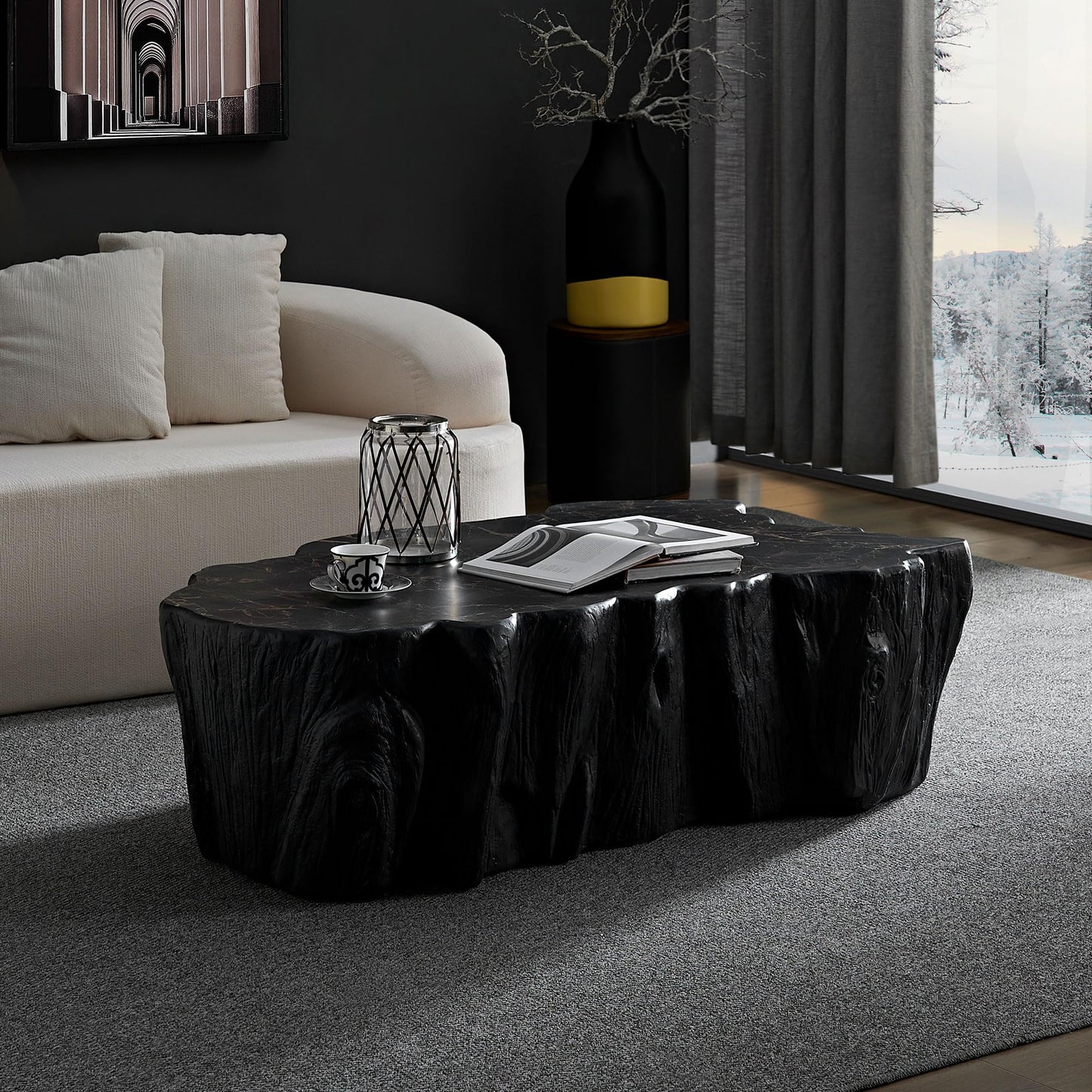 WILLIAMSPACE 43.31" Rectangle Coffee Table with Burl Wood Veneer & Sturdy Base, Modern Luxury Wood Drum Center Table End Table Accent Side Table for Living Room, Minimalist Fluted Design, Oak