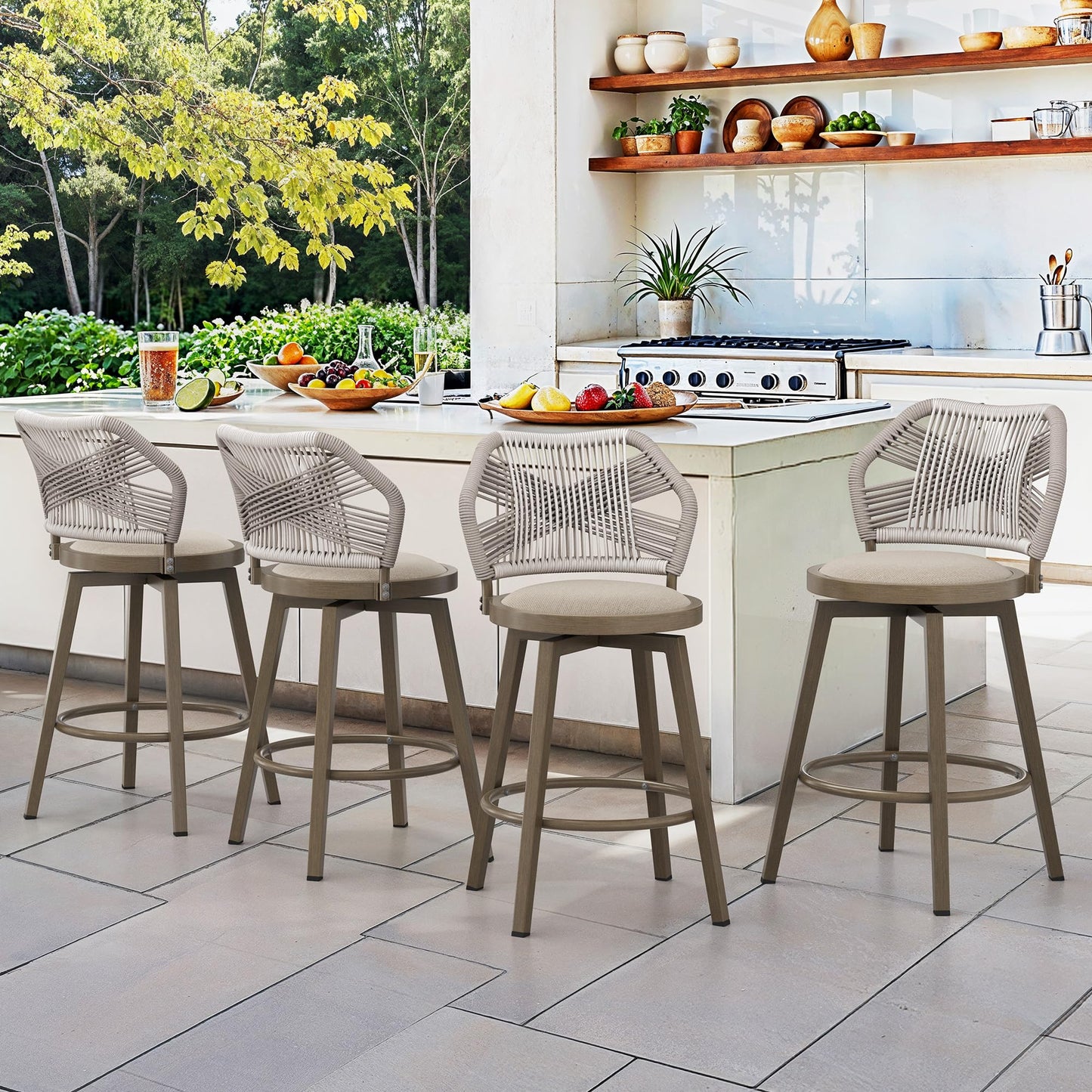 Swivel Outdoor Bar Stools Set of 4, with Armrest