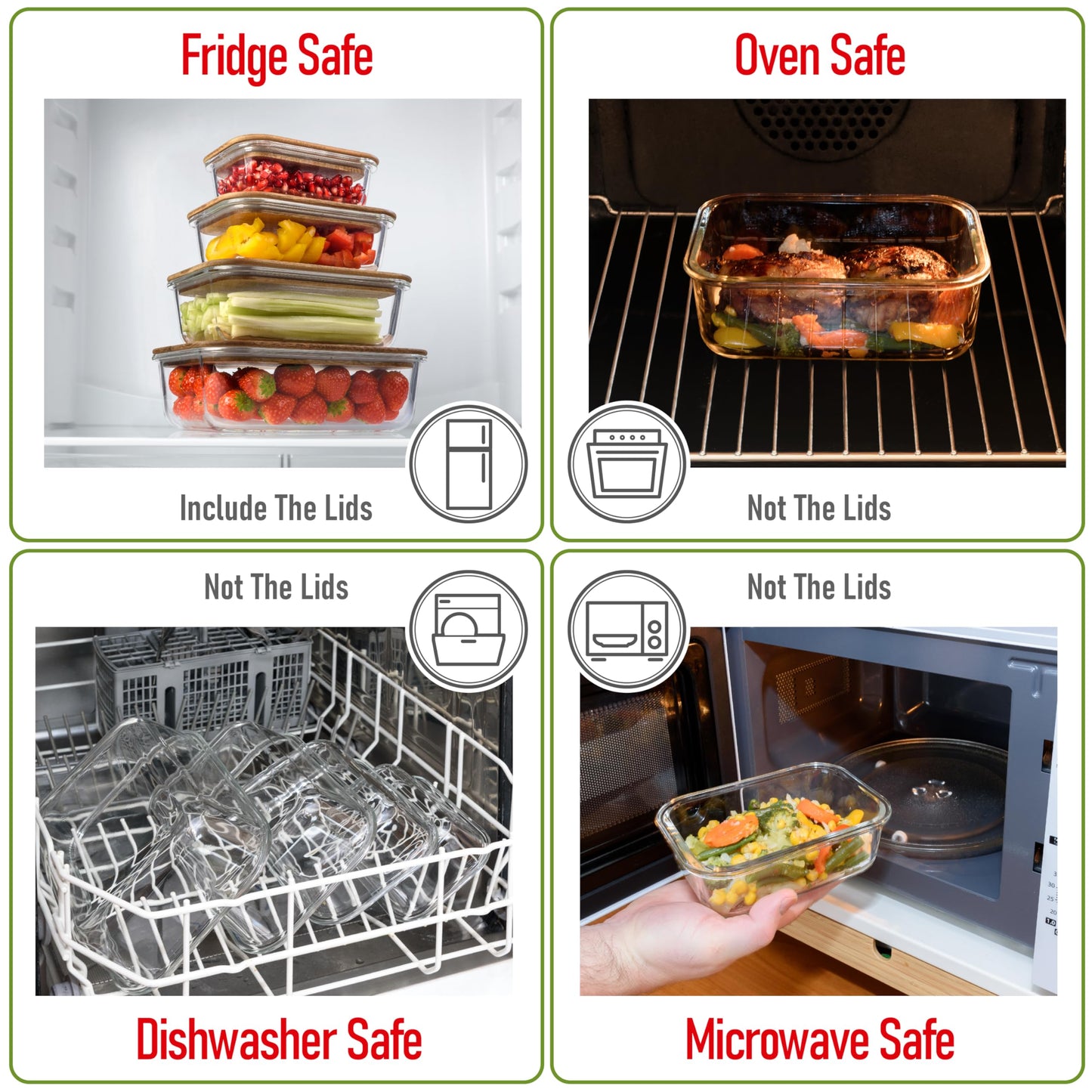 Glass Container Set with Acacia Lids - 4 Stackable Meal Prep Containers. Durable heat resistant Inert Borosilicate Glass