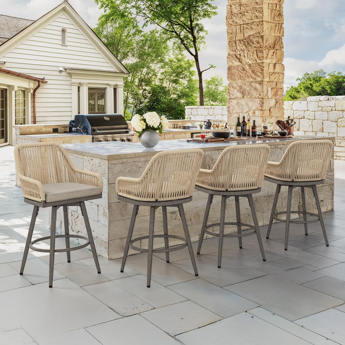 Swivel Outdoor Bar Stools Set of 4, with Armrest