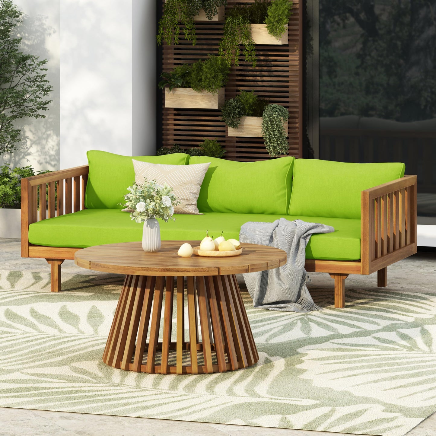 Outdoor Acacia Wood Conversation Set, 3-Seat Loveseat Sofa w/Cushion and Round Coffee Table for Backyard, Patio Furniture, Teak+Beige