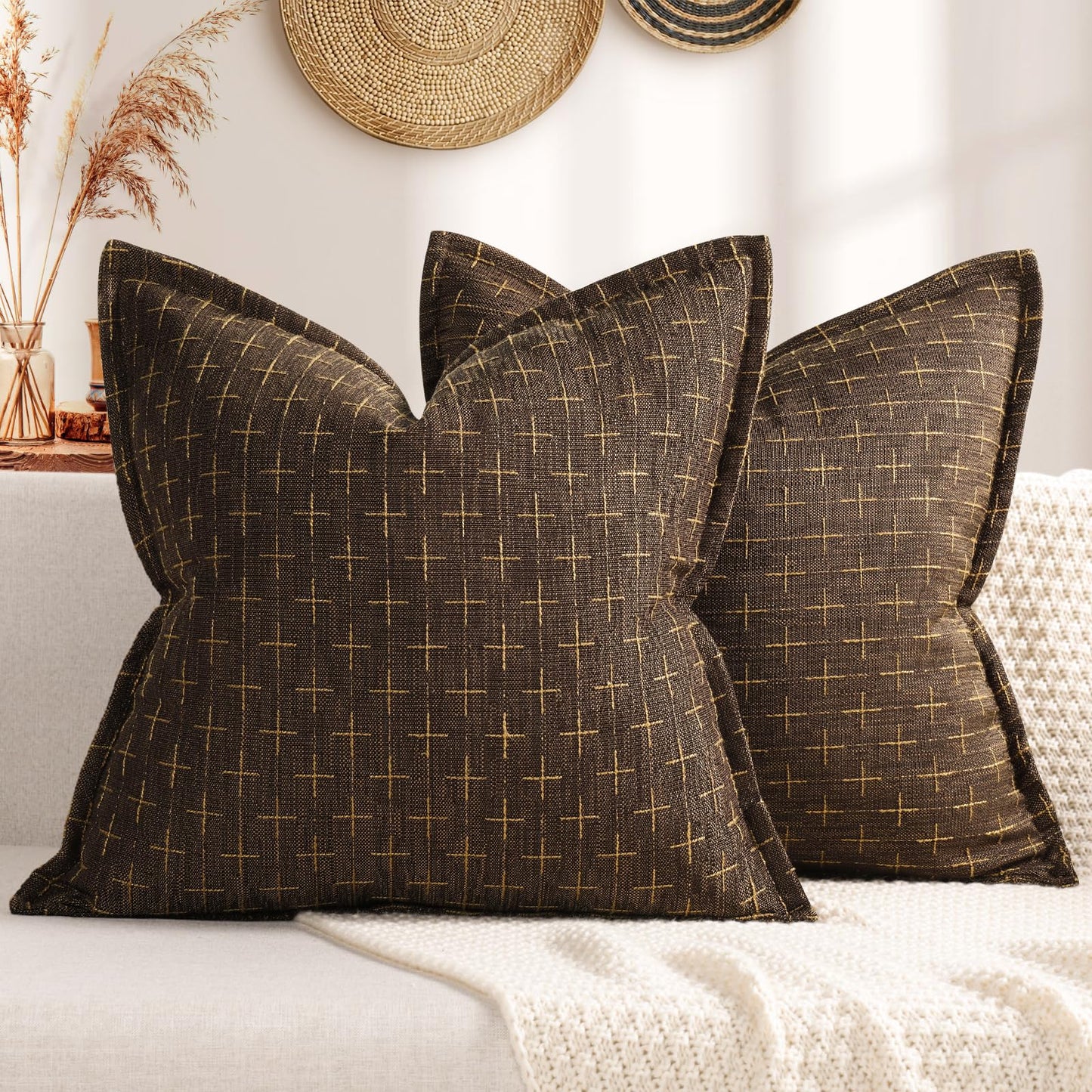 ZWJD Pillow Covers 18x18 Set of 2 Soft Polyester Textured Pillow Covers with Stylish Flange Edge Cozy Farmhouse Throw Pillows for Couch Bed Sofa Living Room