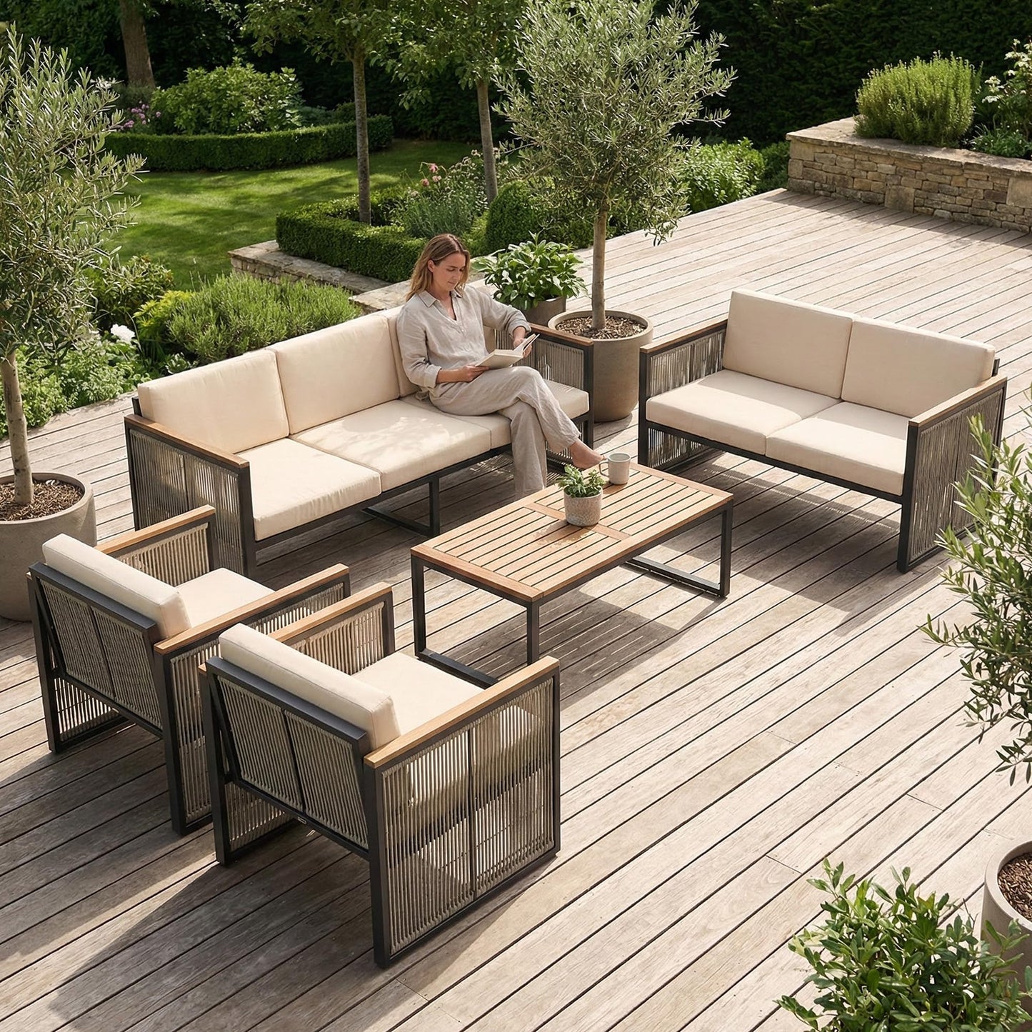 5 Piece Patio Conversation Set for 7, Modular Patio Sofa Couch with Cushions, Rattan Outdoor Patio Furniture Set with Loveseat/Coffee Table, Outdoor Sectional Furniture for Deck/Porch, Beige