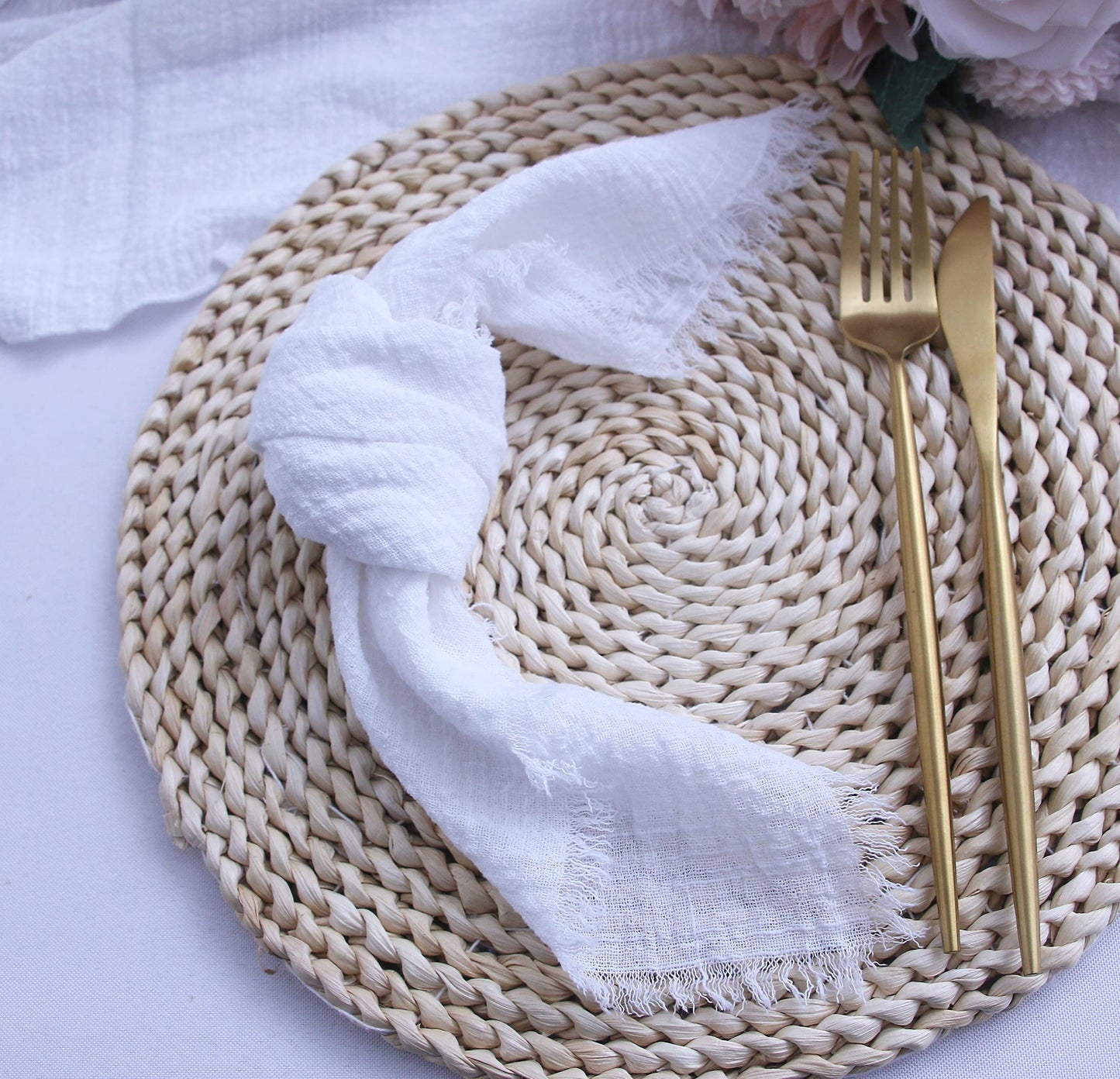 Cloth Napkins with Fringe Set of 12,100% Soft Cotton, Gauze Washable Easter Napkins for Wedding Decorative Dinner Parties, Valentine's Day (16''*16'') Light Blue