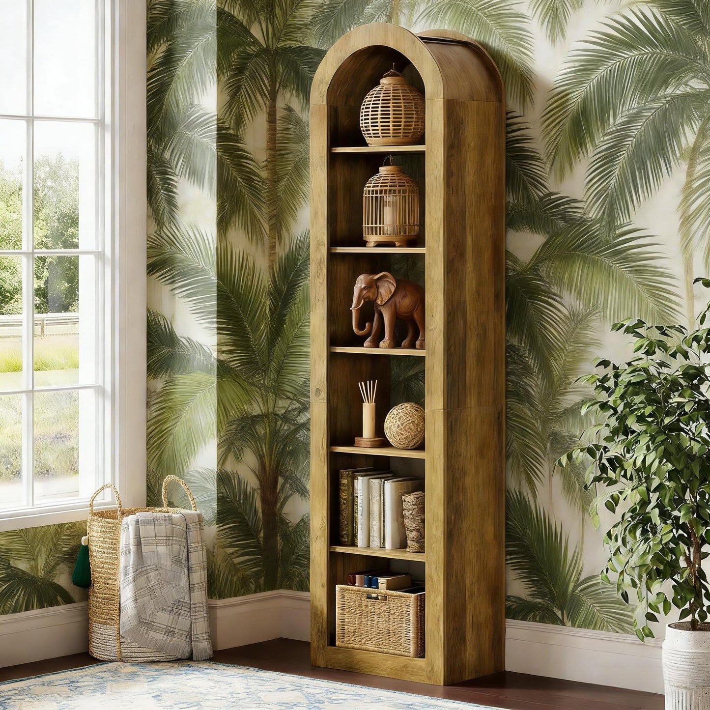 Arched 8 Tier Tall Bookshelf with Wood Back Panel