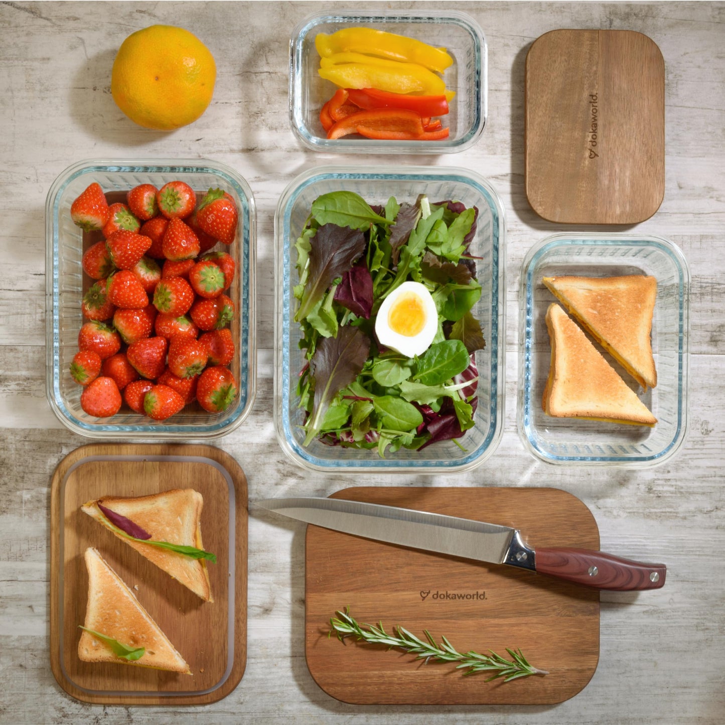 Glass Container Set with Acacia Lids - 4 Stackable Meal Prep Containers. Durable heat resistant Inert Borosilicate Glass