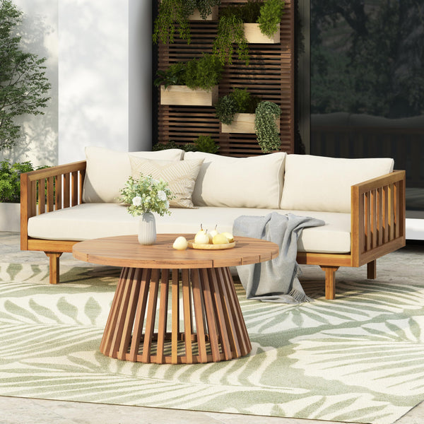 Outdoor Acacia Wood Conversation Set, 3-Seat Loveseat Sofa w/Cushion and Round Coffee Table for Backyard, Patio Furniture, Teak+Beige
