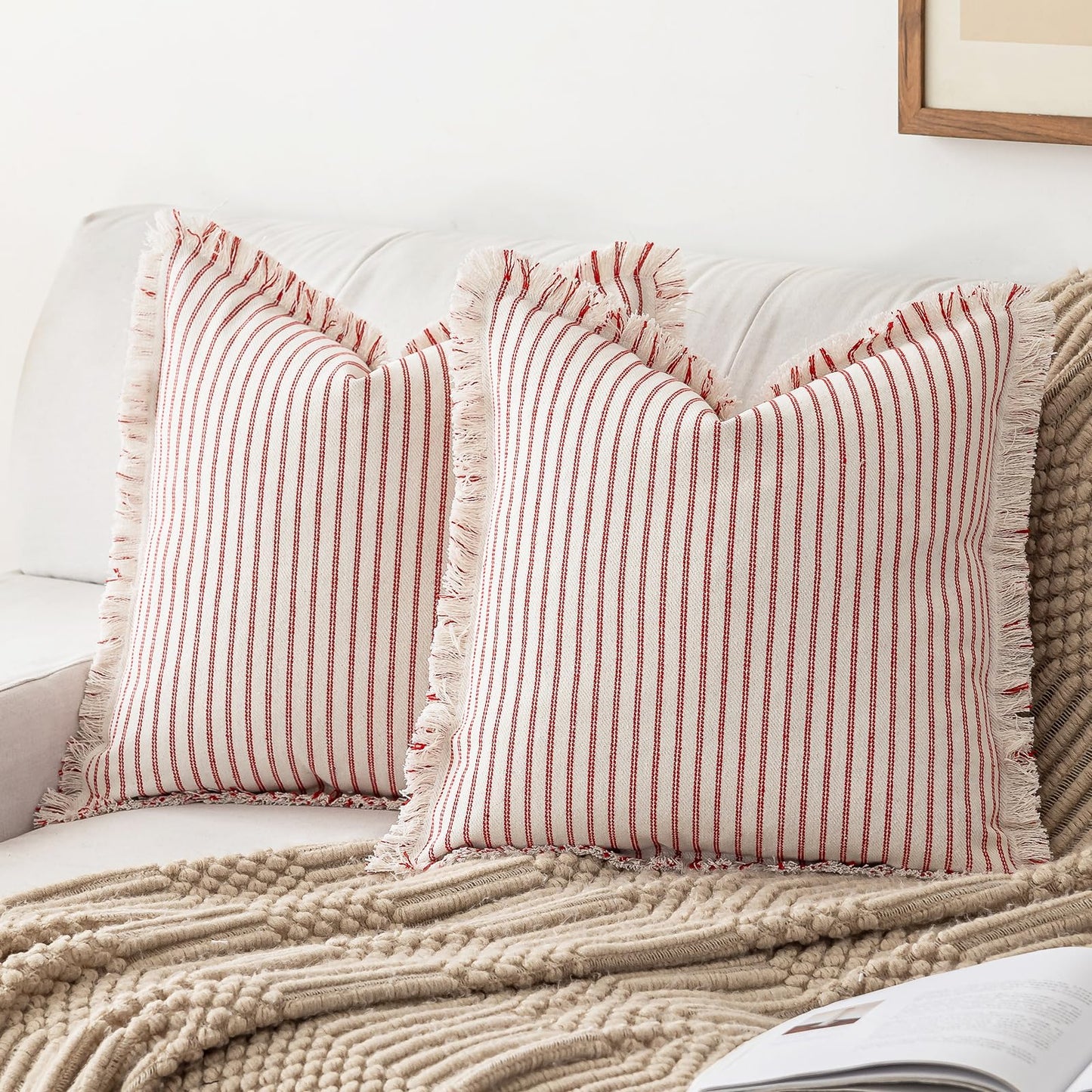 Throw Pillow Covers 18x18 Set of 2 Striped Fringe