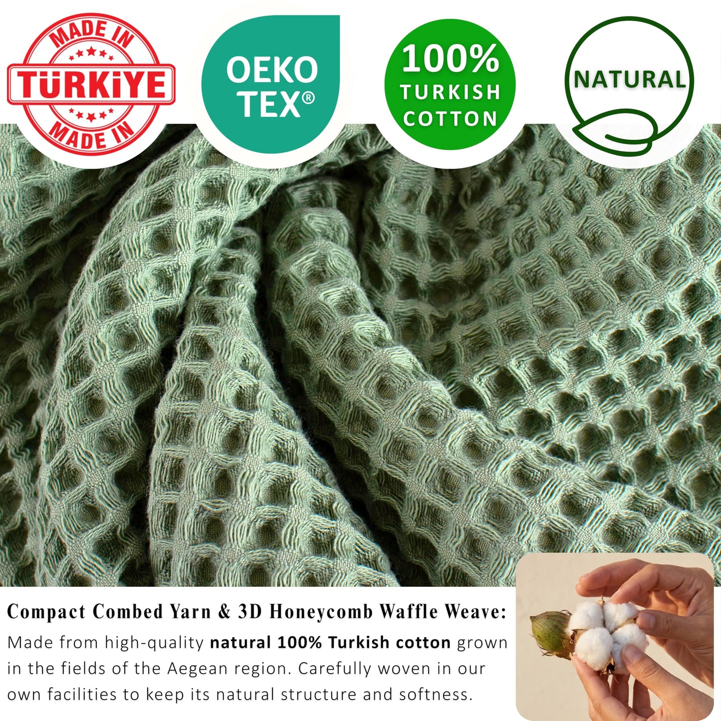 PÜSKÜL Organic Waffle Kitchen Towel Pure 100% Turkish Cotton Set of 3 Natural Raw-Undyed Towel - Premium Quality Soft Quick-Dry Absorbent Lint-Free Hand & Dish Towels Large 32X16 (3, Natural Beige)