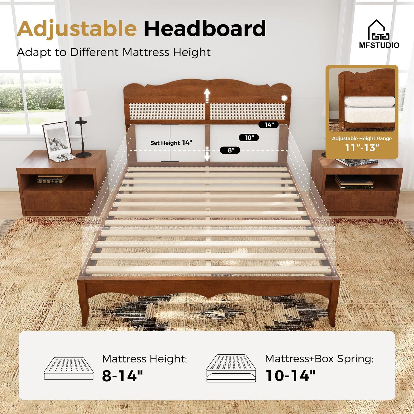 King Wood Bed Frame with Rattan Headboard