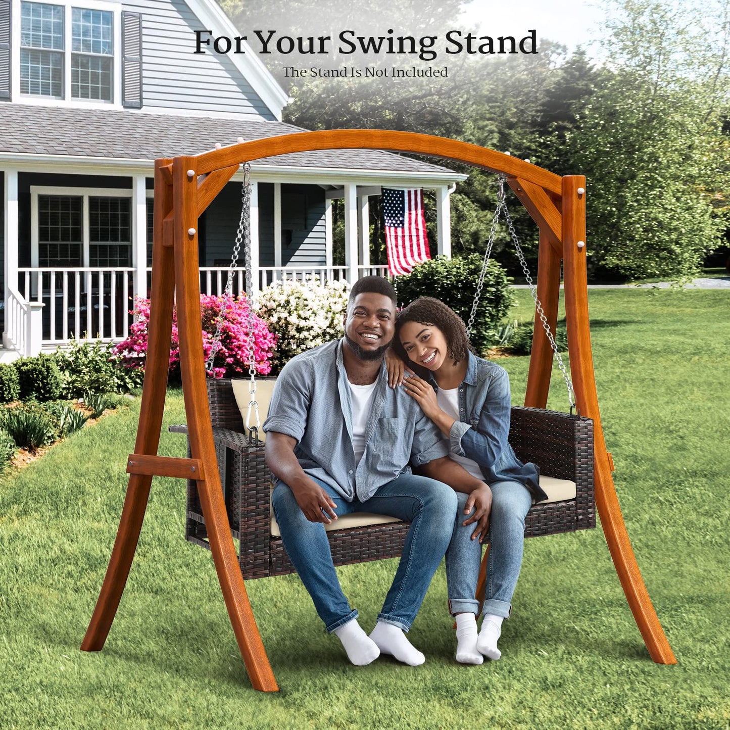 VINGLI 2.4 FT 1-Person Use Round Rattan Porch Swing Outdoor Support 440 LBS with Cushions & Adjustable Chains, Patio Wicker Swing Bench Chair for Garden, Yard, Lawn, Tree, Brown