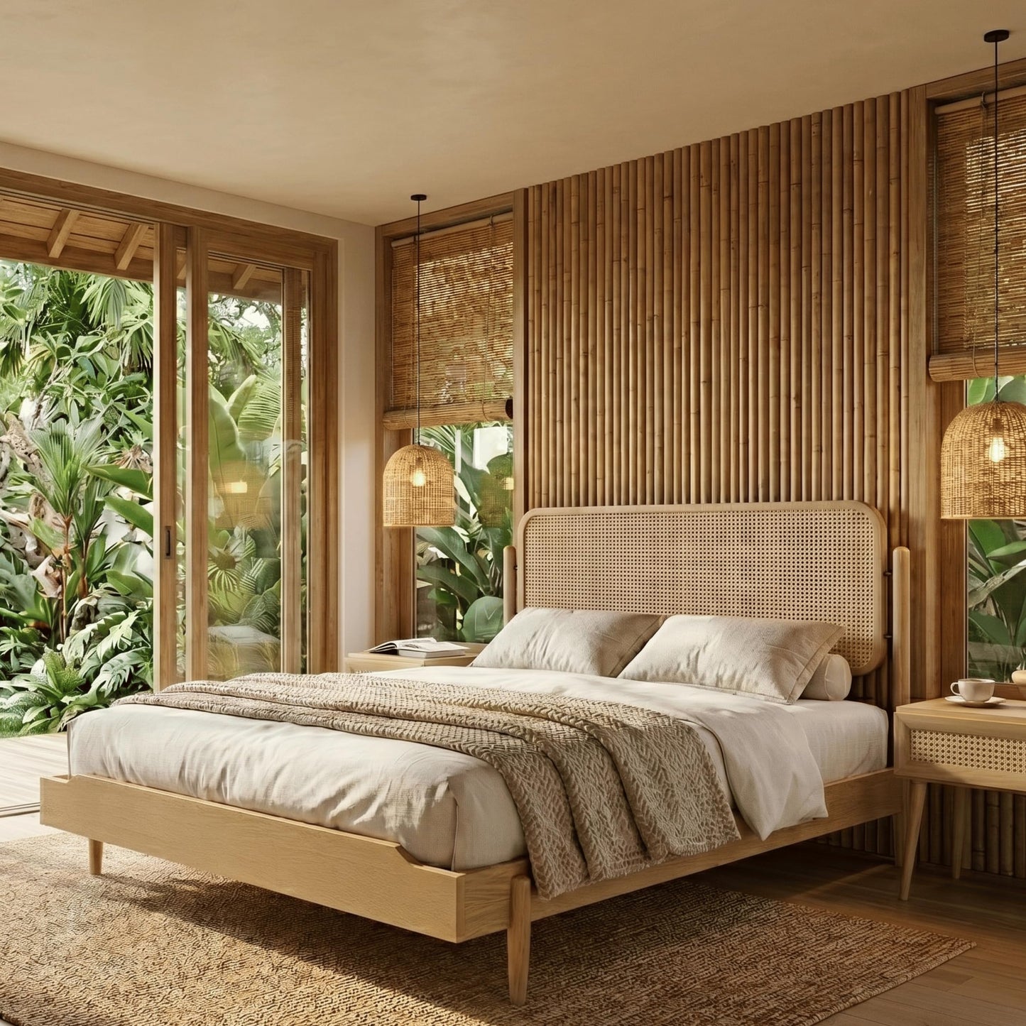 King Platform Bed with Natural Rattan Headboard