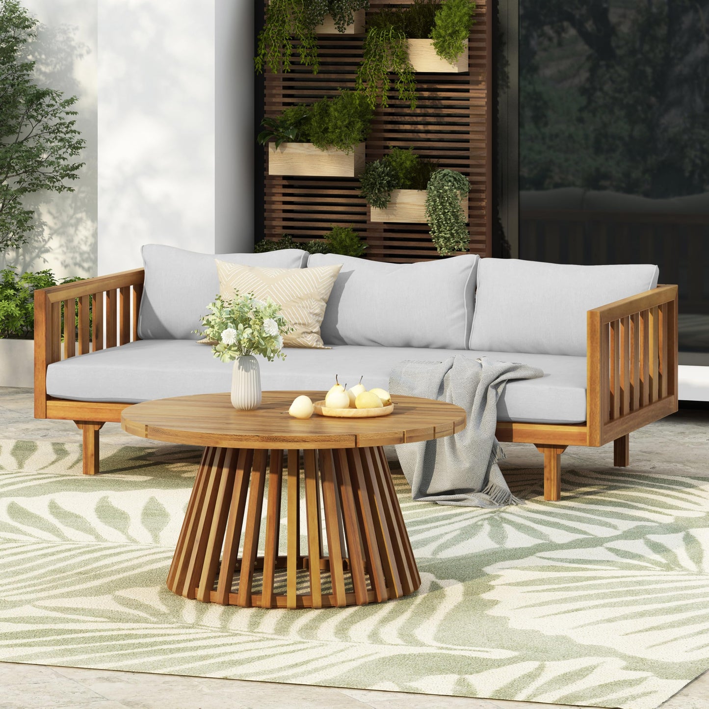 Outdoor Acacia Wood Conversation Set, 3-Seat Loveseat Sofa w/Cushion and Round Coffee Table for Backyard, Patio Furniture, Teak+Beige